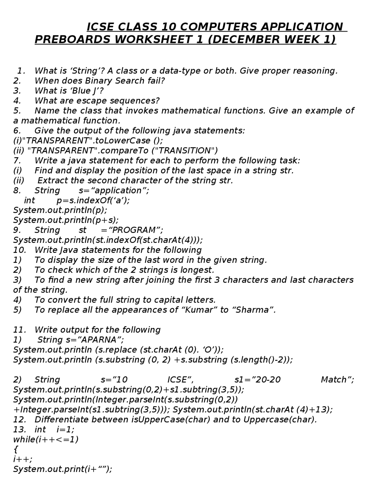 COMPUTERS WORKSHEET JAVA - Docsity