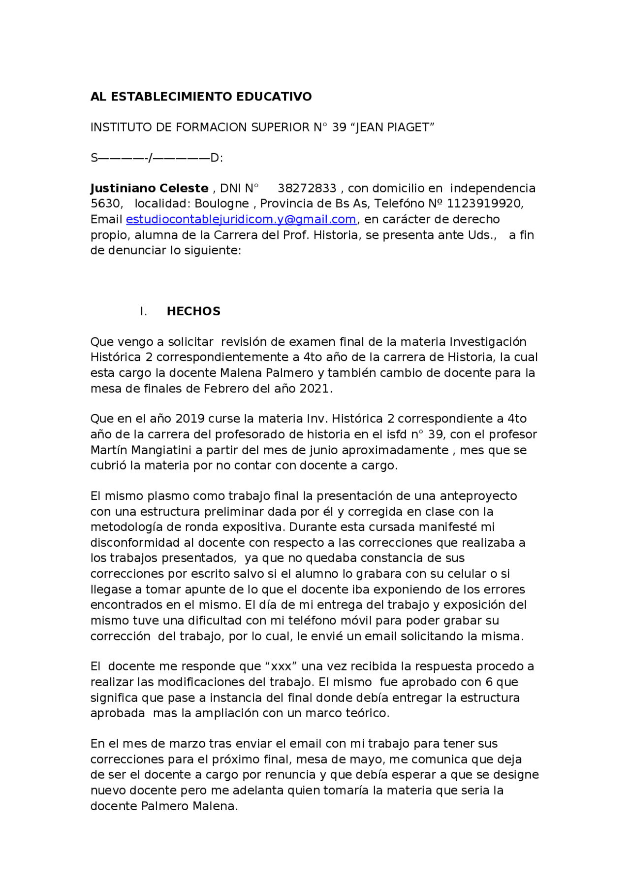 Modelo De Reclamo Por Disconformidad De Calificacion Docsity