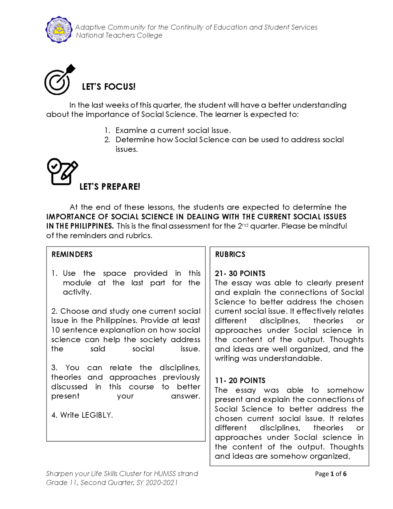 HUMSS Module in Humanities and Social Sciences | Assignments Humanities ...