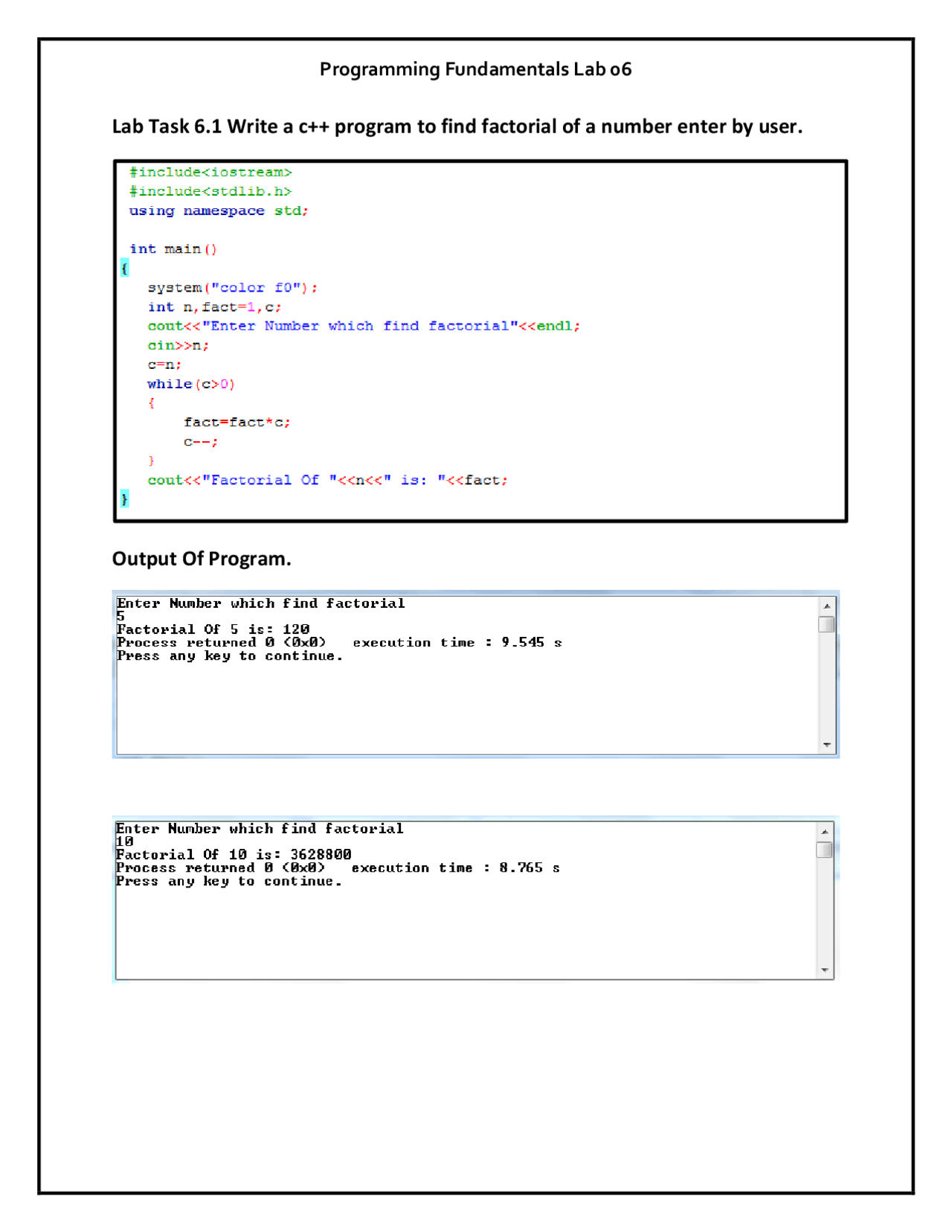 Programming Fundamental (C++) Lab task 06 - Docsity