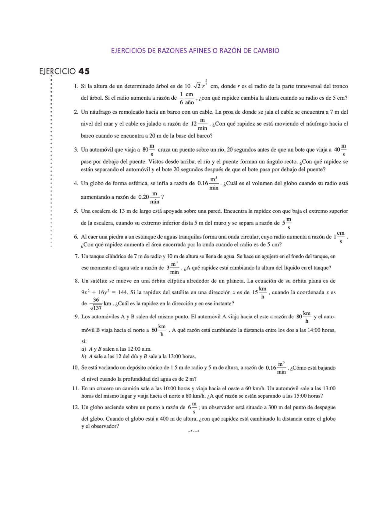 Ejercicios de Razones Afines o razón de cambio Ejercicios de Matemáticas Docsity