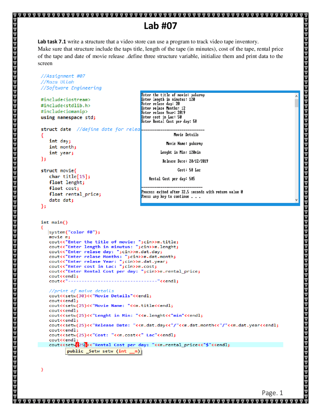 Programming Fundamental (C++) Lab task 07 - Docsity