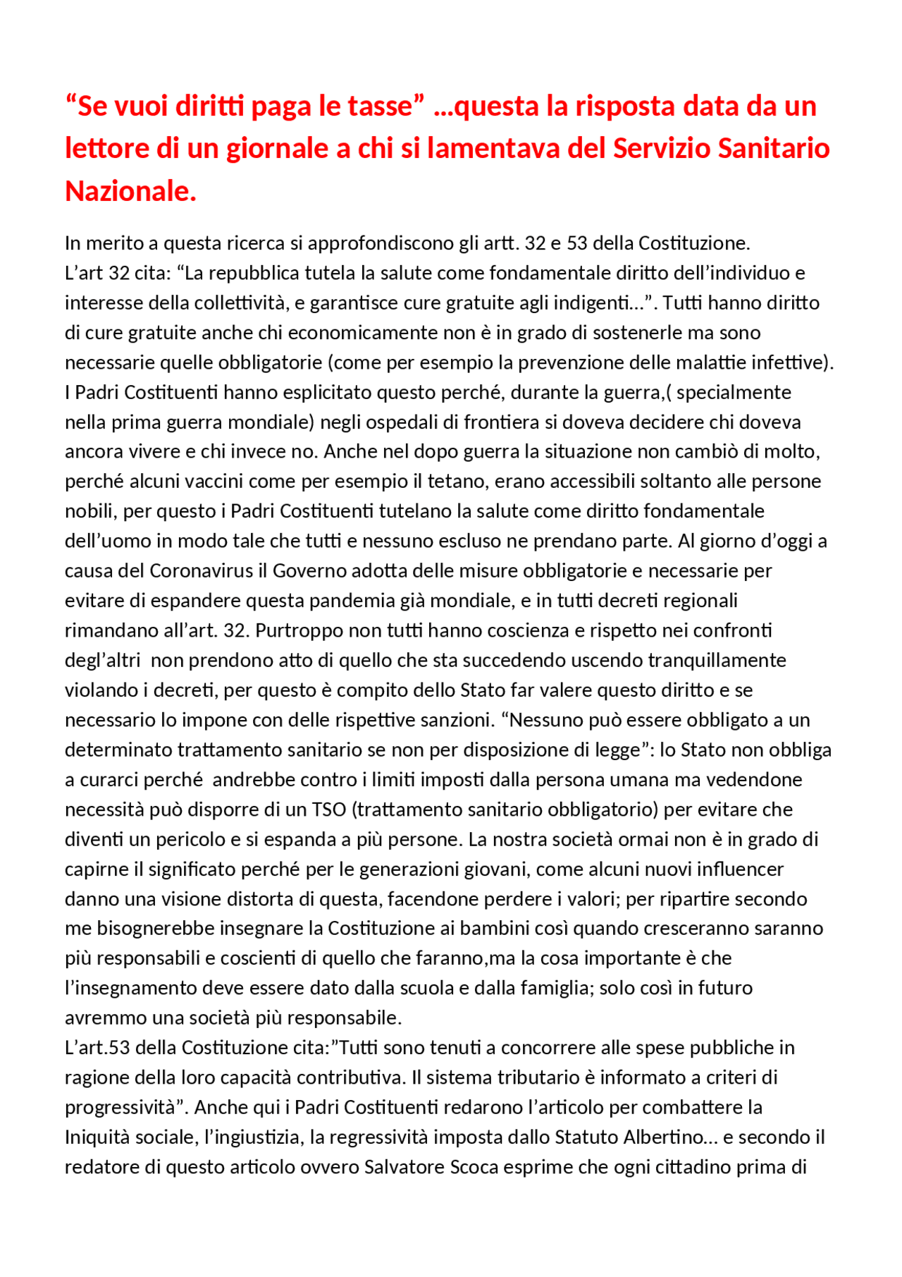 Discussione degli artt. 32 e 53 della Costituzione Docsity