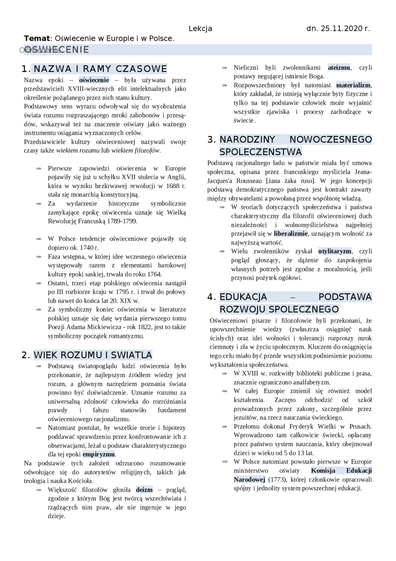Oświecenie w Europie i w Polsce - Docsity
