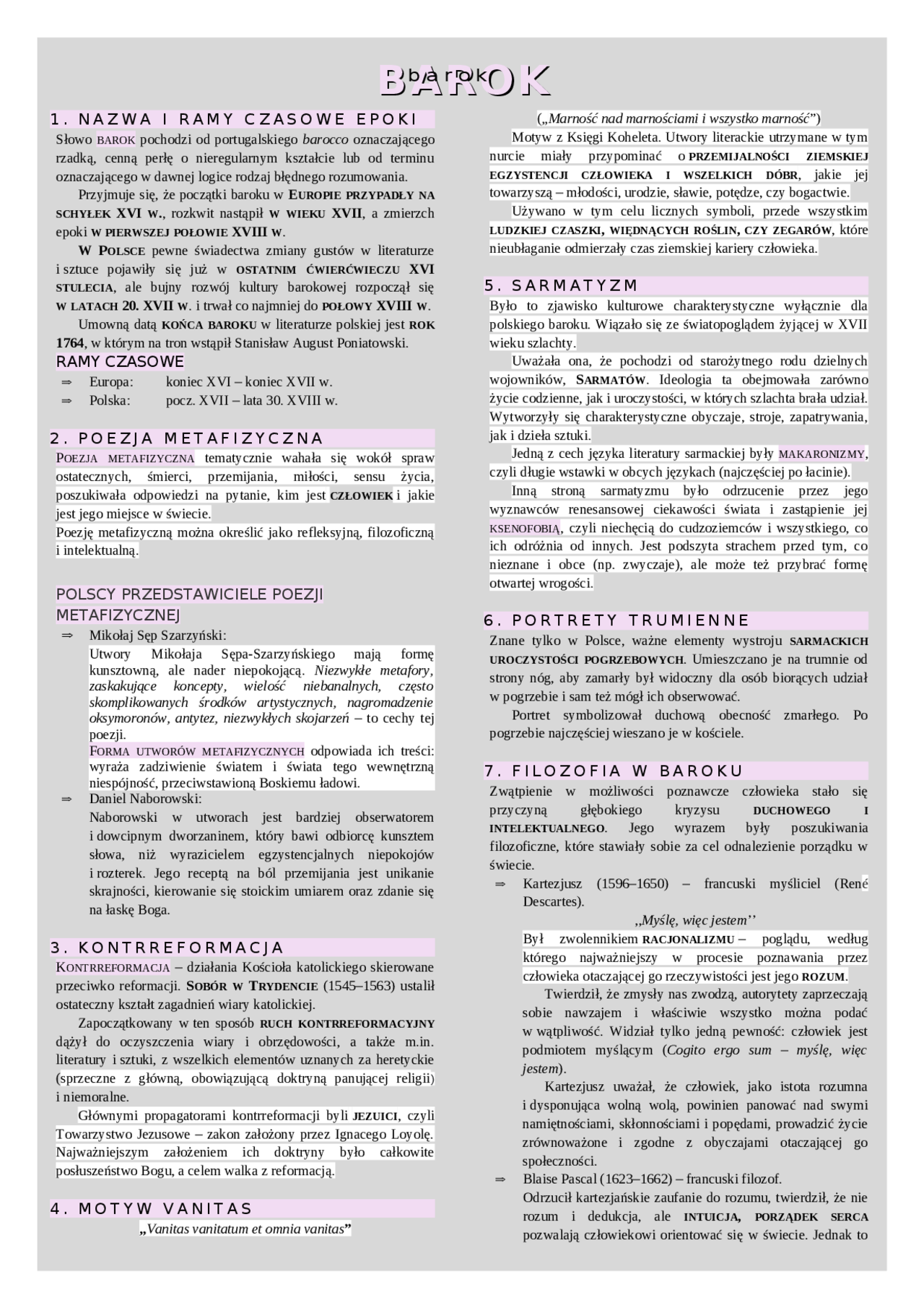 Sprawdzian 1 Technikum Barok Jezyk Polski