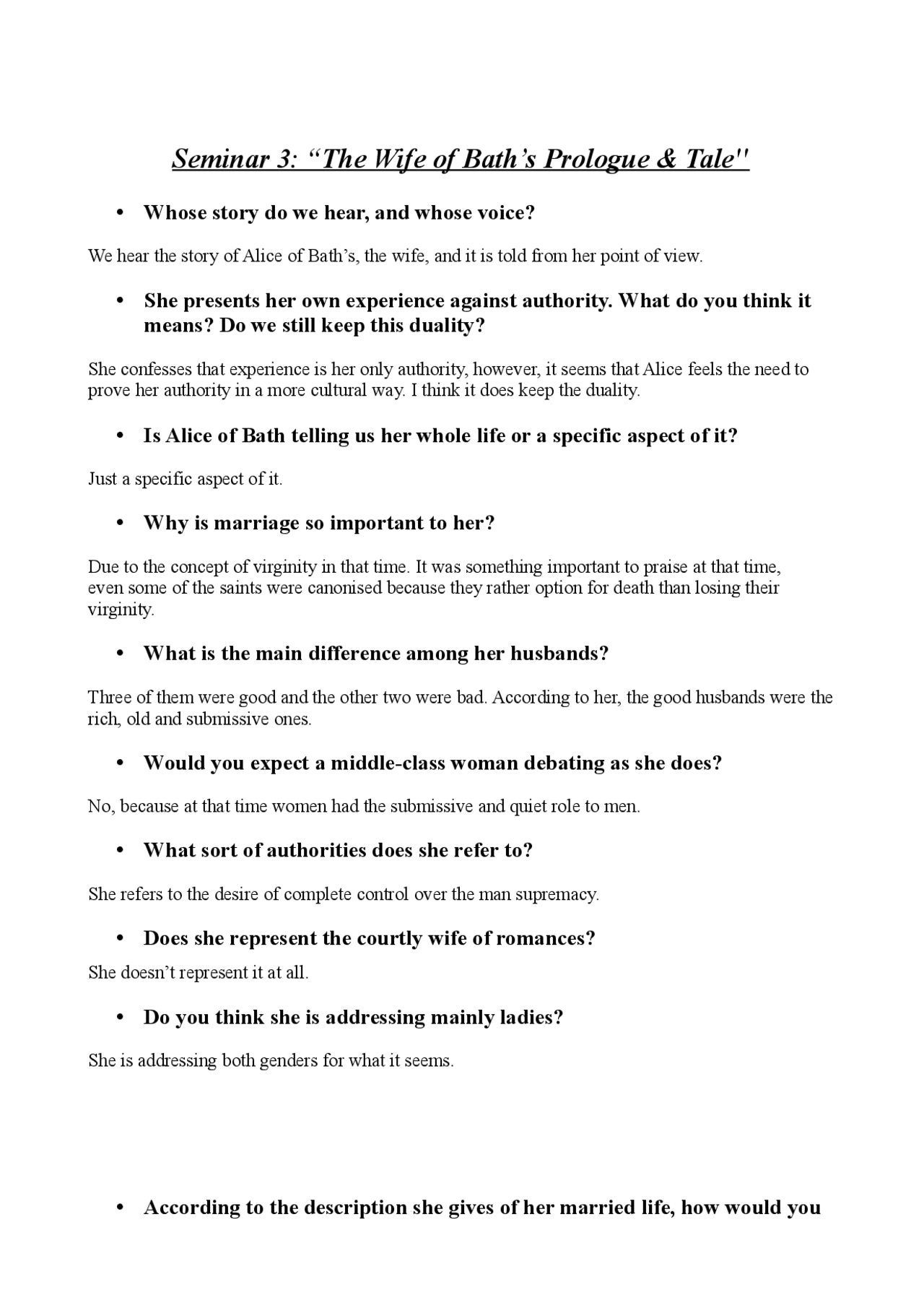 Seminar 3 ''The Wife of Bath's Prologue and Tale'' Arquetipos ULL - Docsity