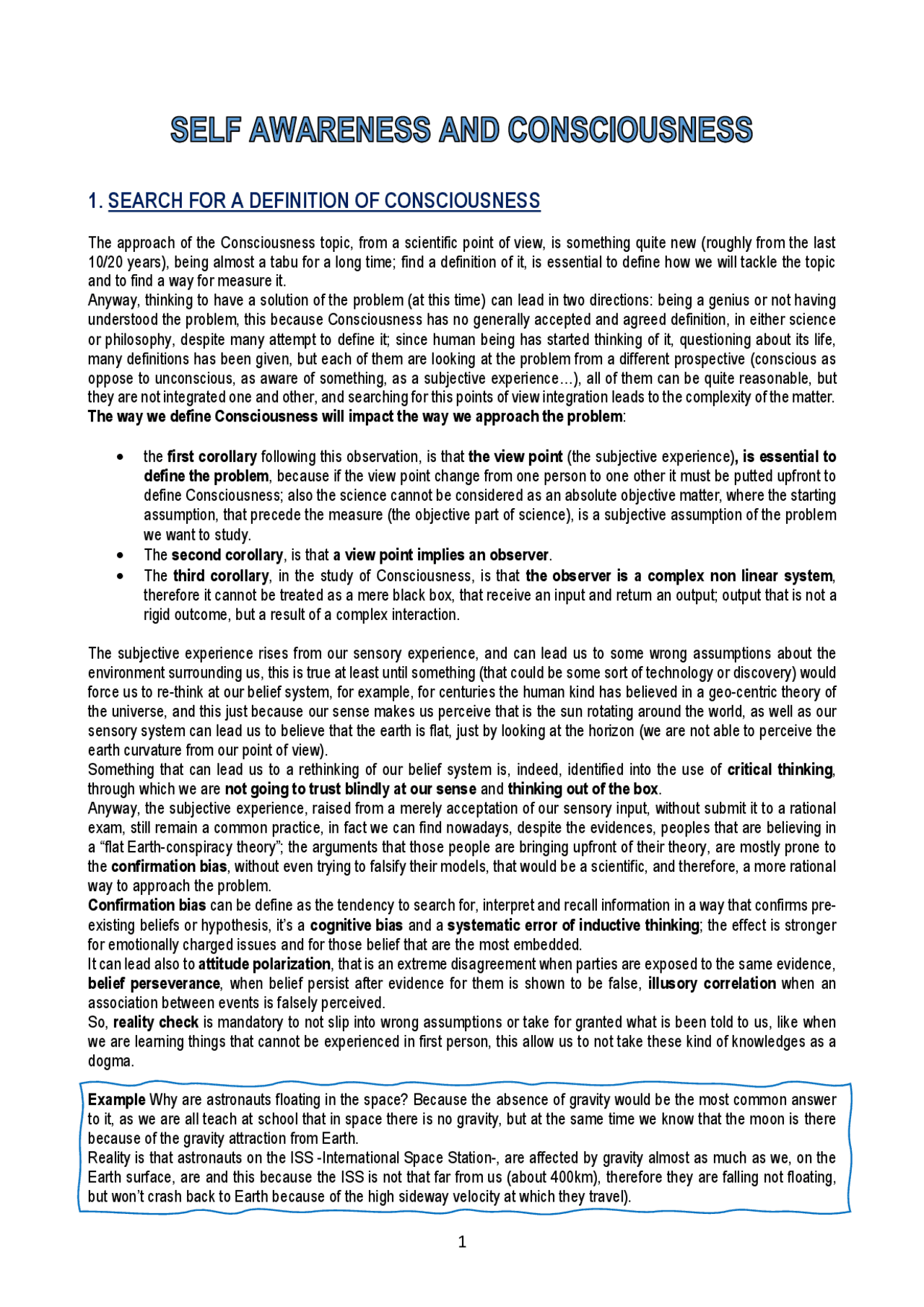 Self Awareness and Consciousness - Docsity