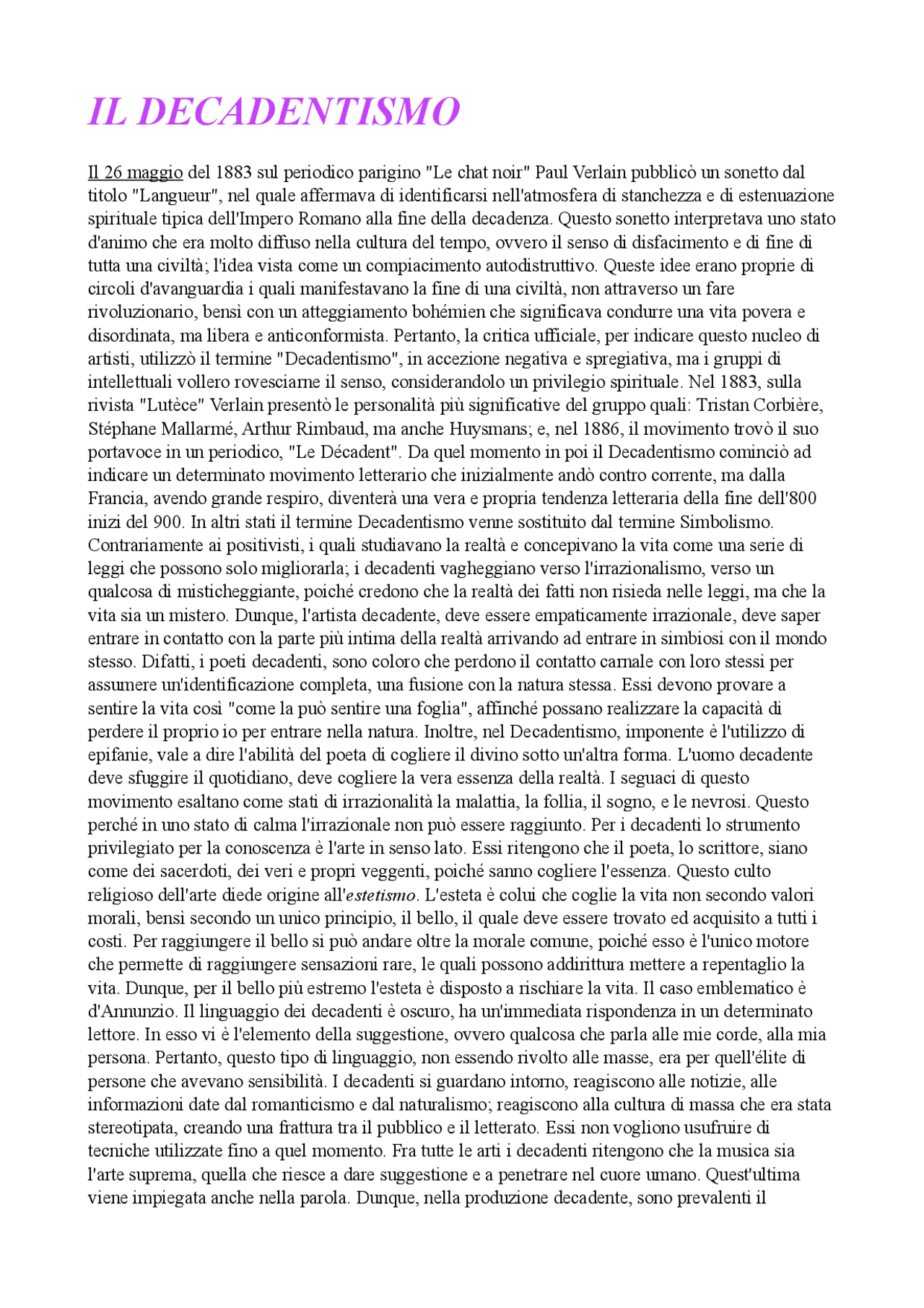 Il Decadentismo e le sue caratteristiche. Docsity