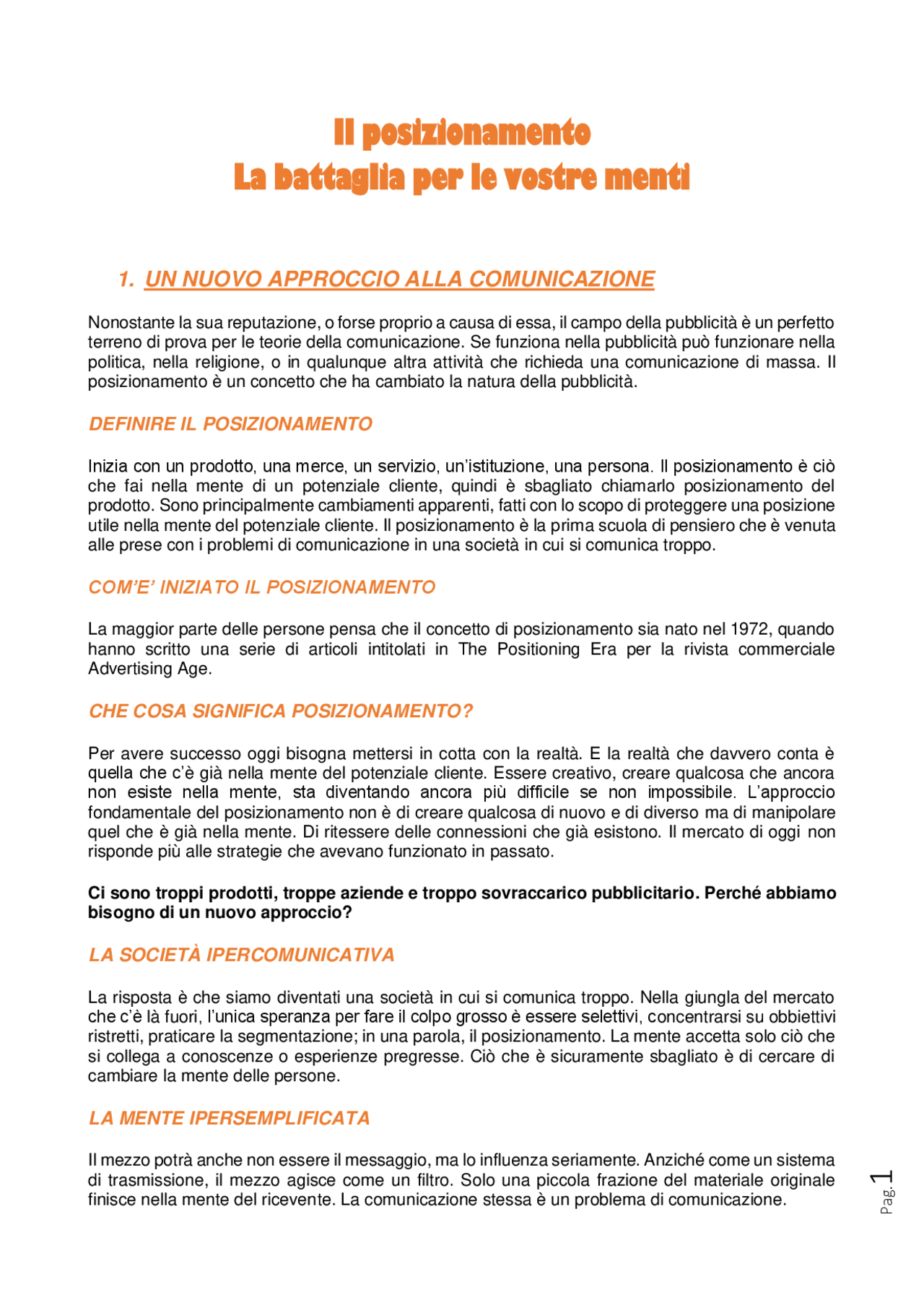 Il Posizionamento La Battaglia Per Le Vostre Menti Docsity