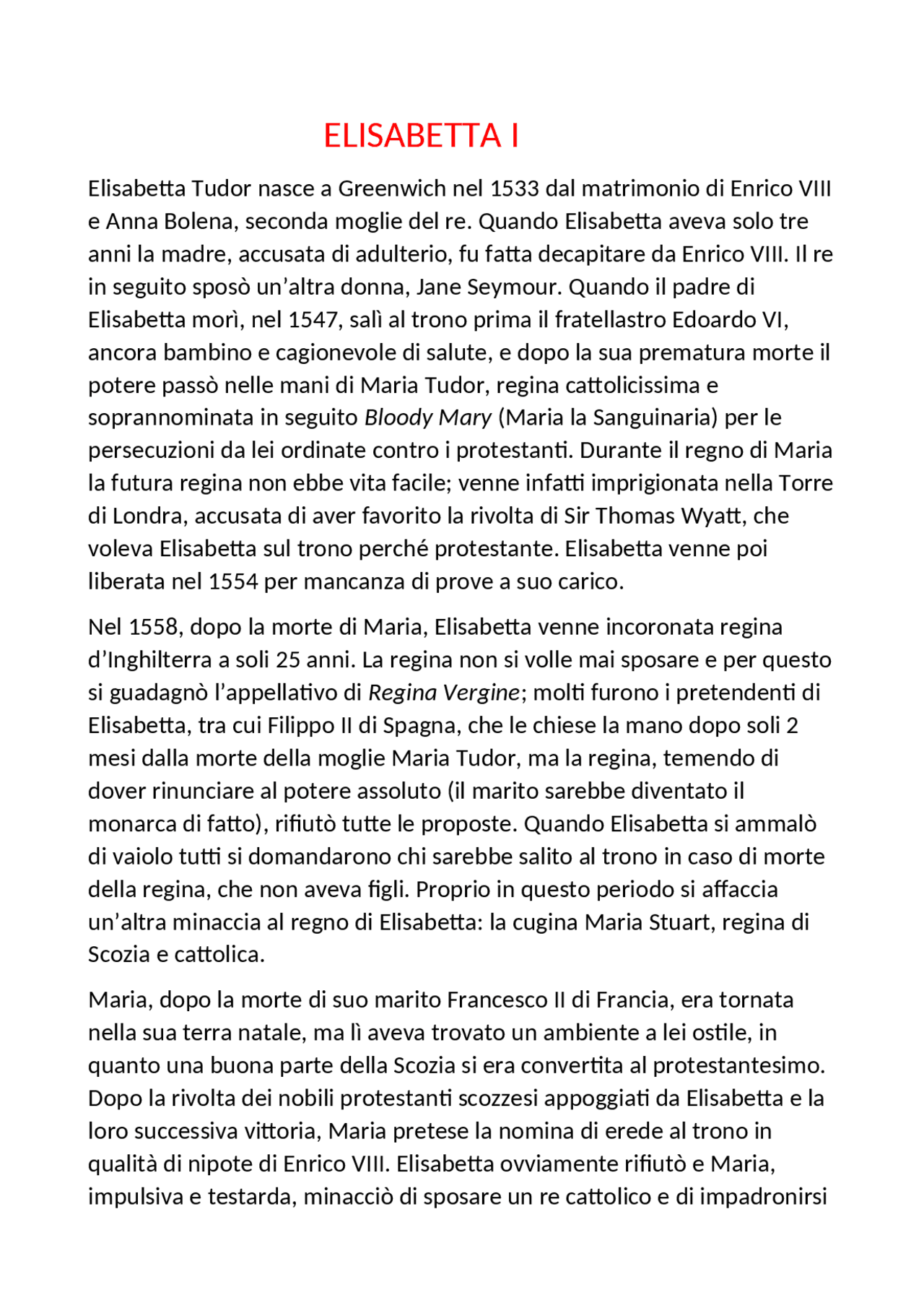 Elisabetta I ed età elisabettiana - Docsity