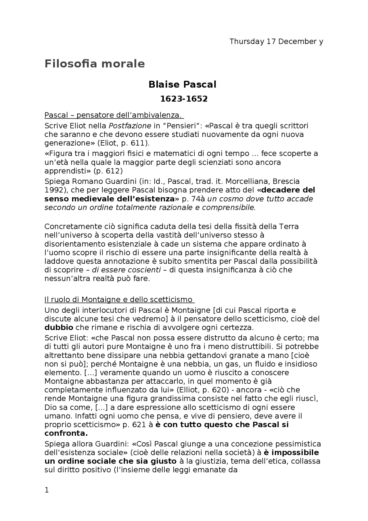 Riassunto dei pensieri di Pascal | Prof. Musio - Filosofia Morale - Docsity