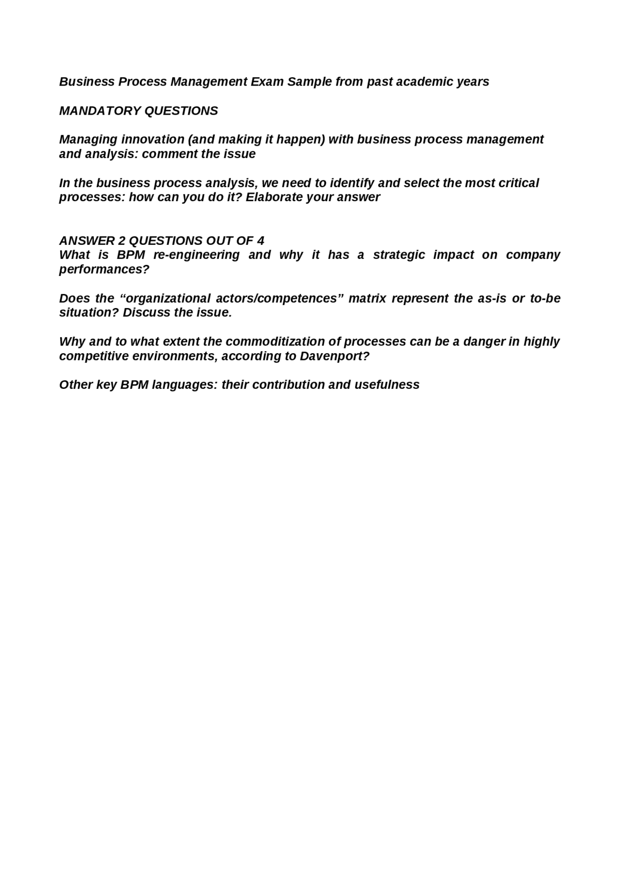 Business Process Change - Mock Exam - Docsity