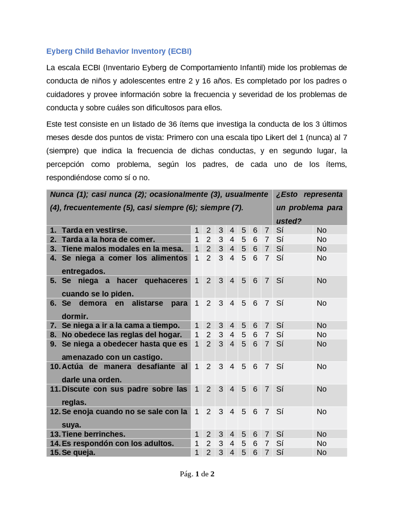 Eyberg Child Behavior Inventory | Traducciones de Terapia Ocupacional ...