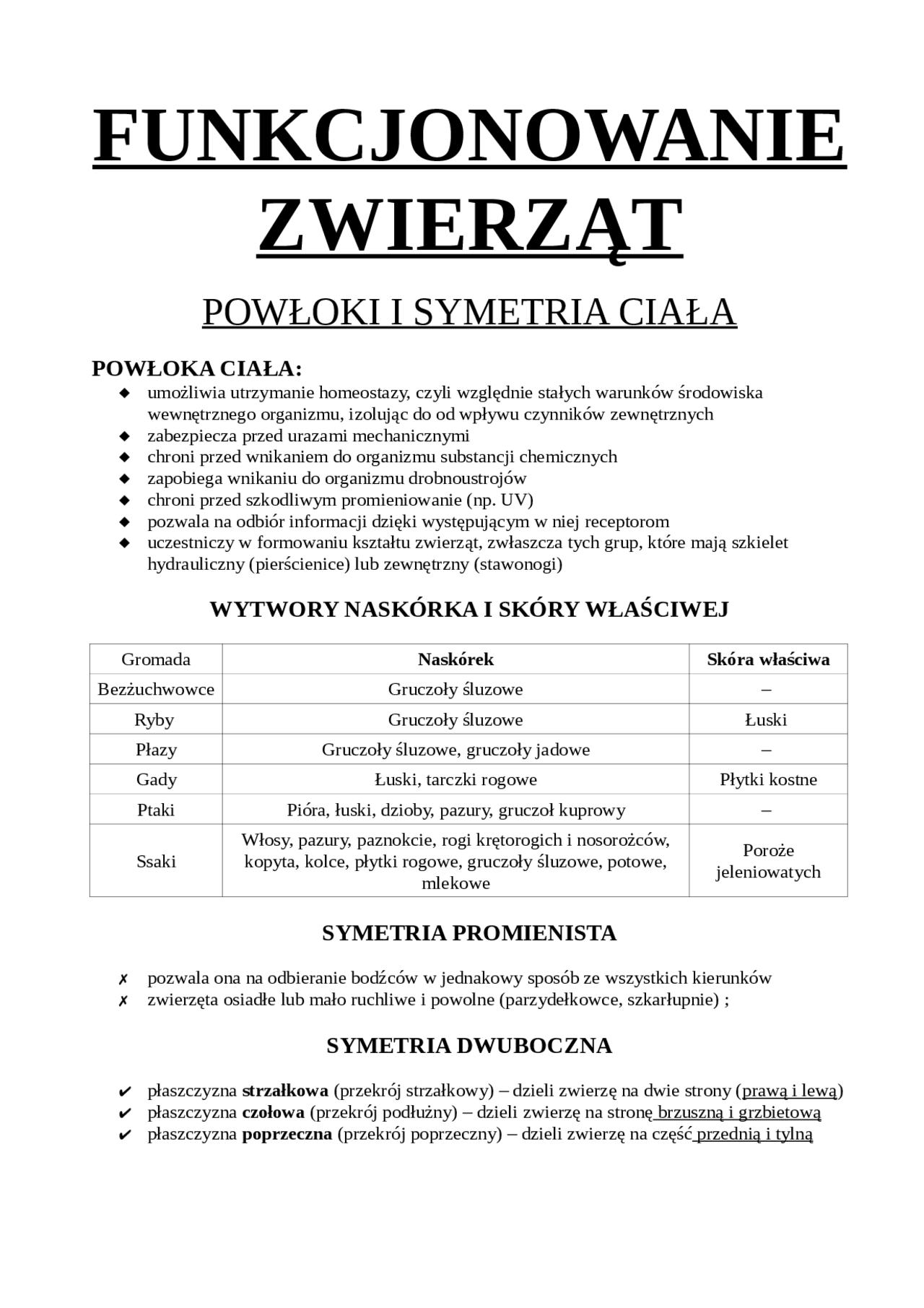 FUNKCJONOWANIE ZWIERZĄT. | Notatki Biologia | Docsity