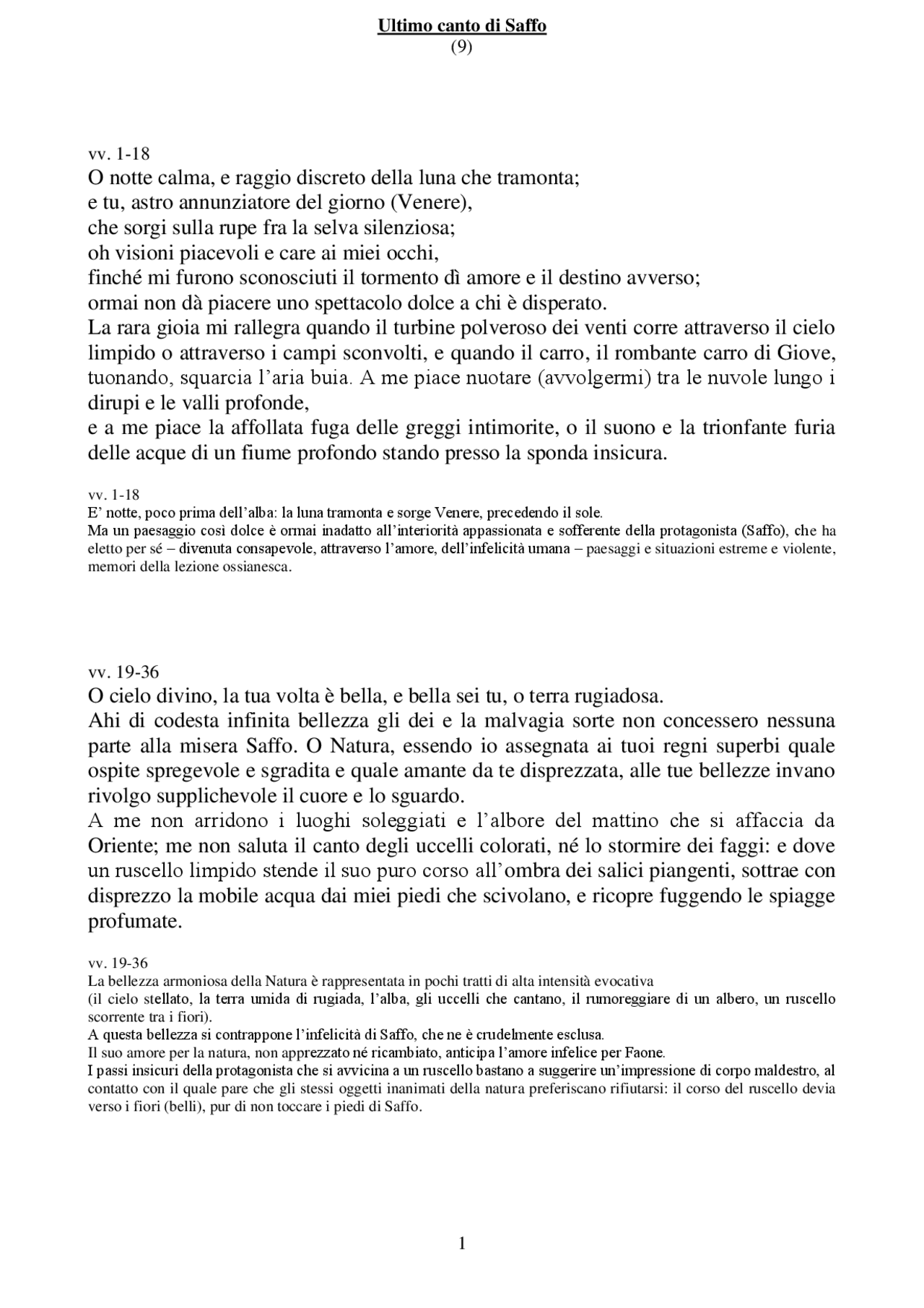 parafrasi ultimo canto di saffo