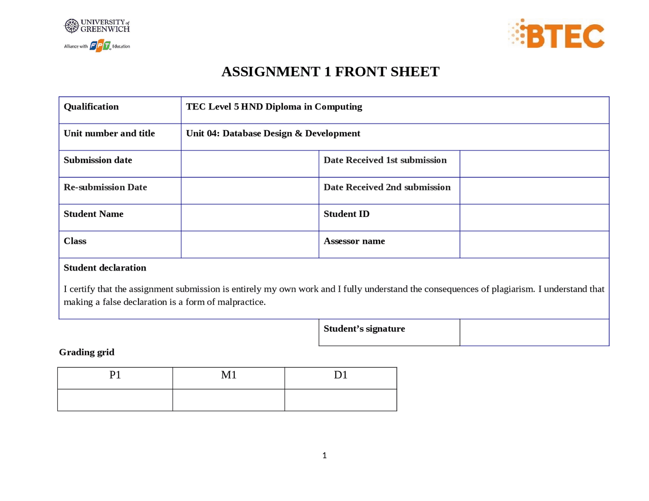 Assignment 1: unit 4 Database - Docsity