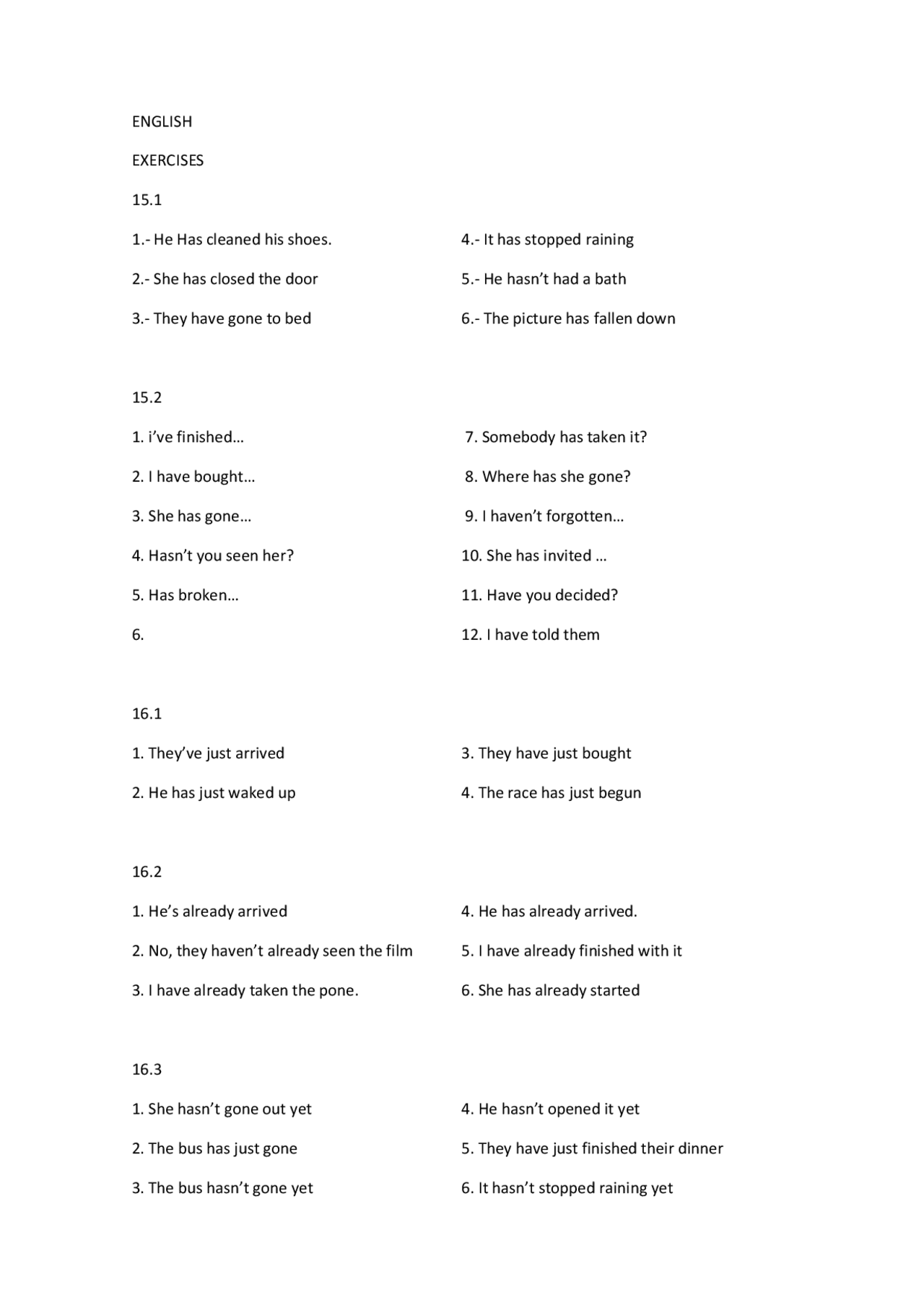 Ejercicios Present Perfect - Docsity