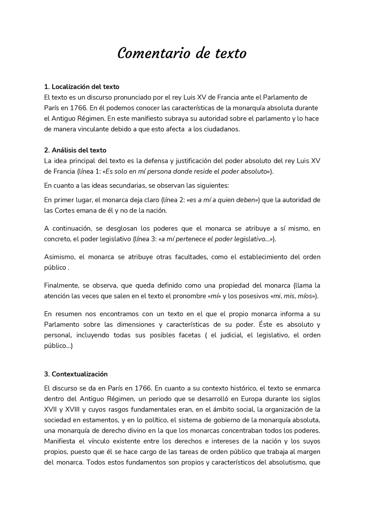 Comentario De Texto Discurso De Luis Xv 1766 Docsity