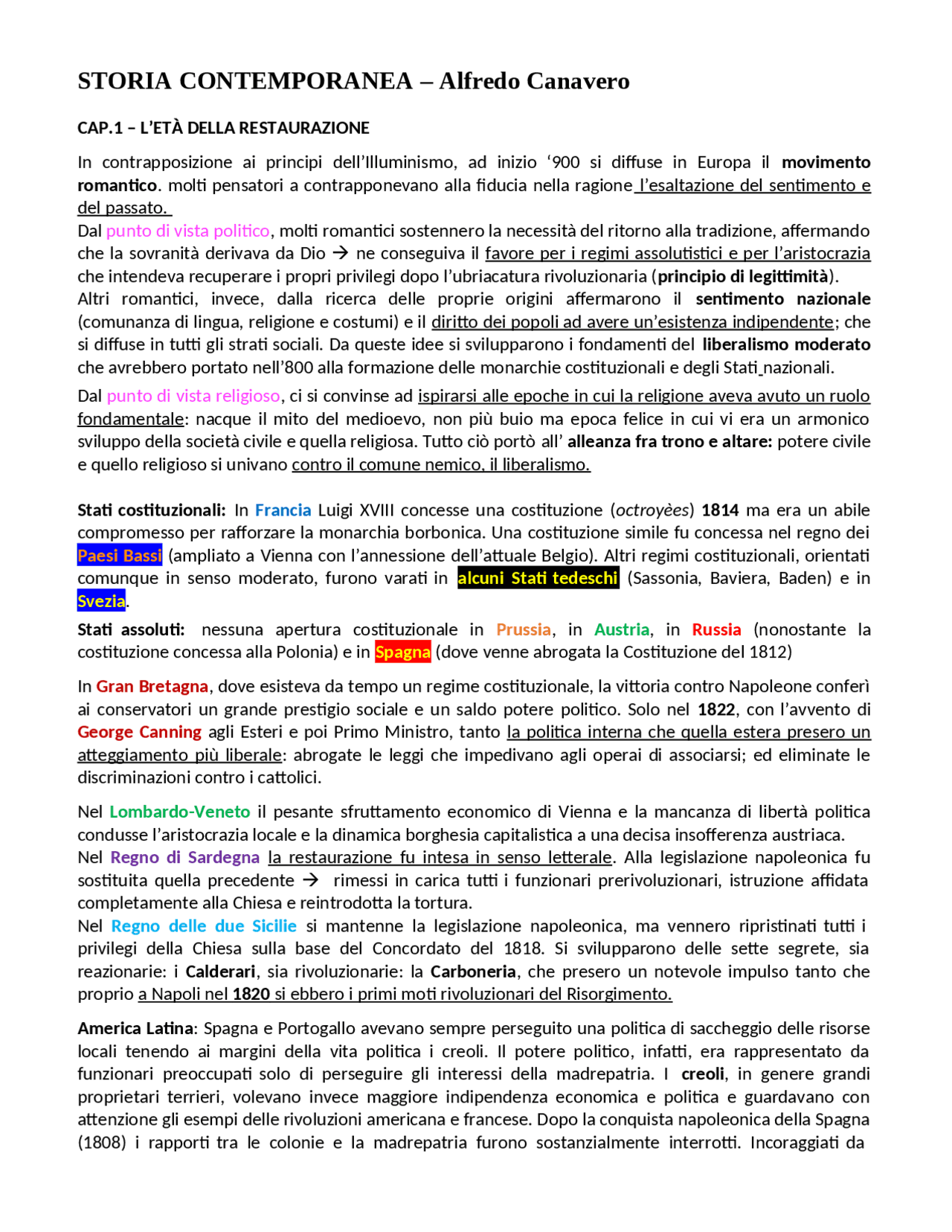 Riassunto Manuale Storia Contemporanea di Alfredo Canavero Sintesi