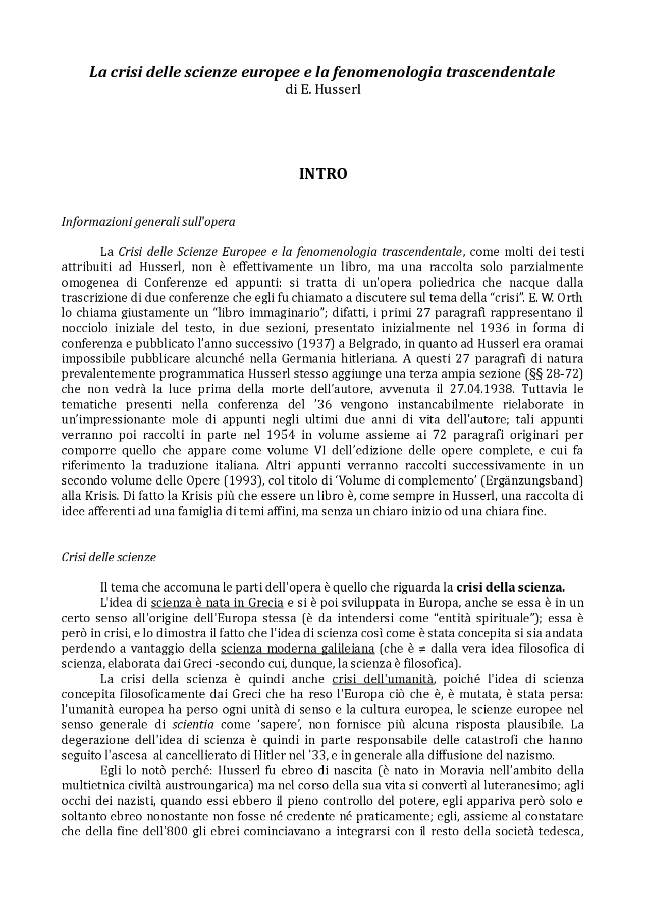 "La crisi delle scienze europee e la fenomenologia trascendentale" di E