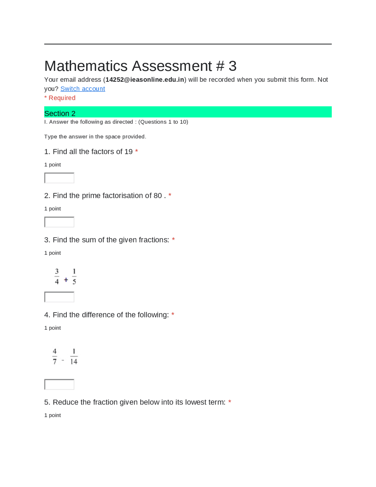 Mathematics Assessment # 3Forms - Docsity
