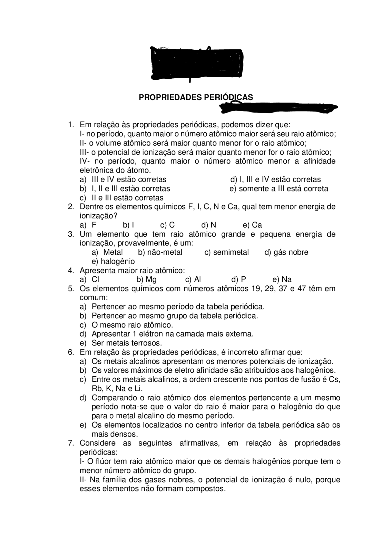Exercícios, Graduação, sobre Propriedades Períodicas, com respostas ...