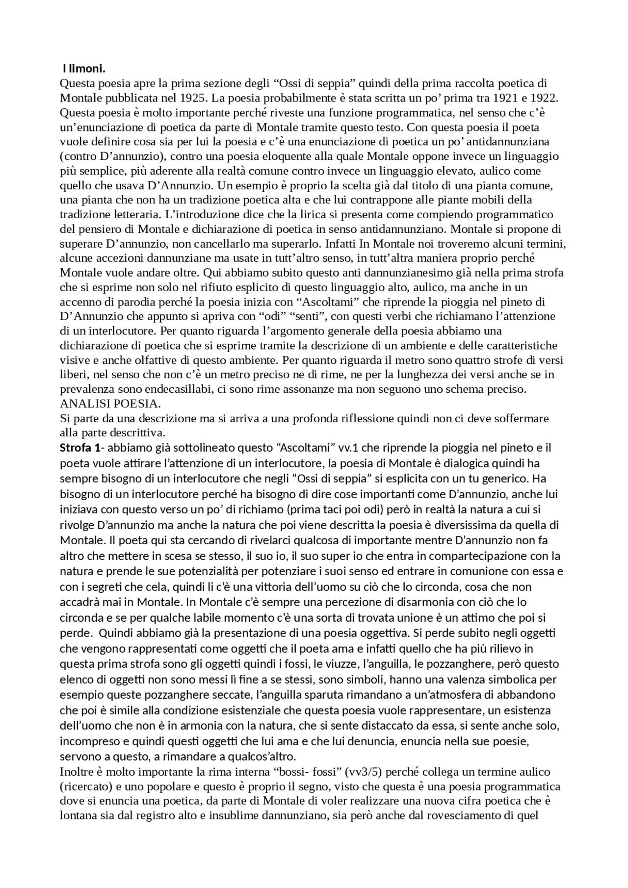 Poesia di Eugenio Montale: i limoni | Appunti di Italiano | Docsity