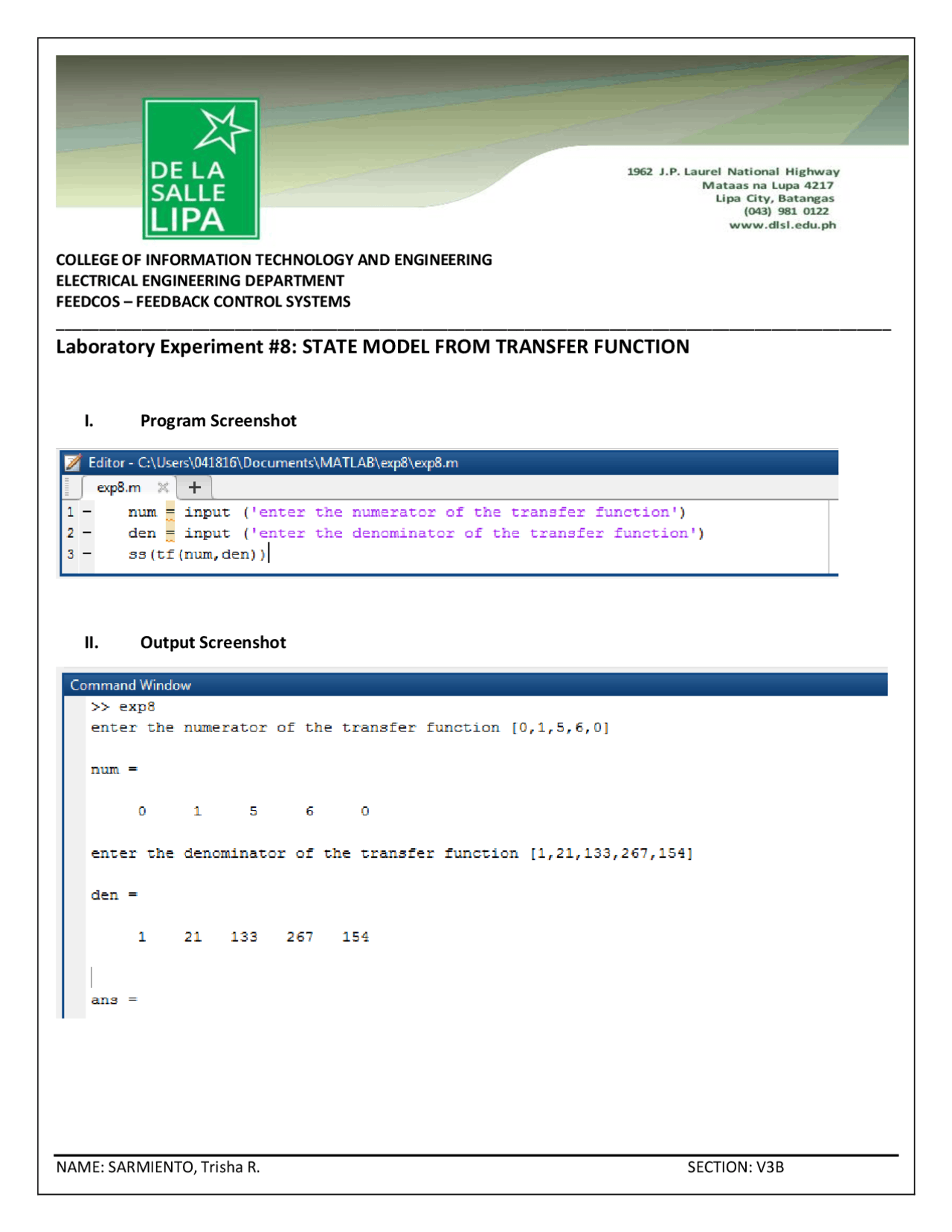 Matlab Report MATLAB EXPERIMENT LAB REPORTS - Docsity