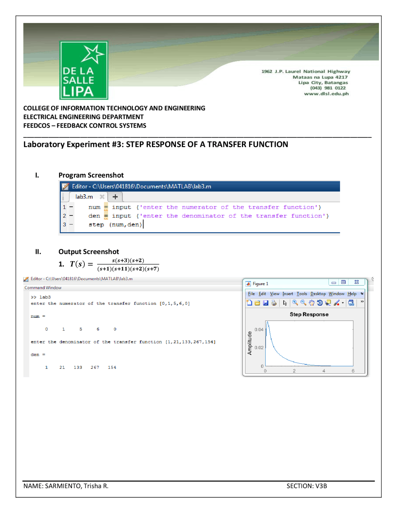 MATLAB EXPERIMENT LAB REPORTS - Docsity