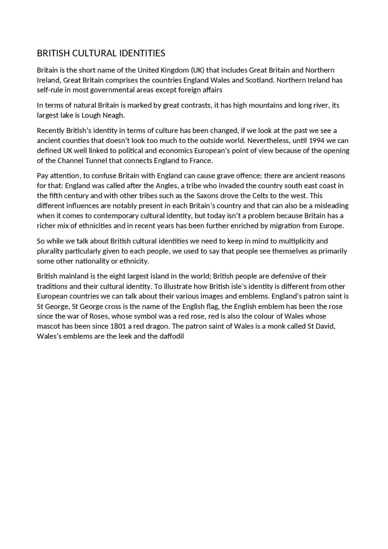 British Cultural Identities Docsity