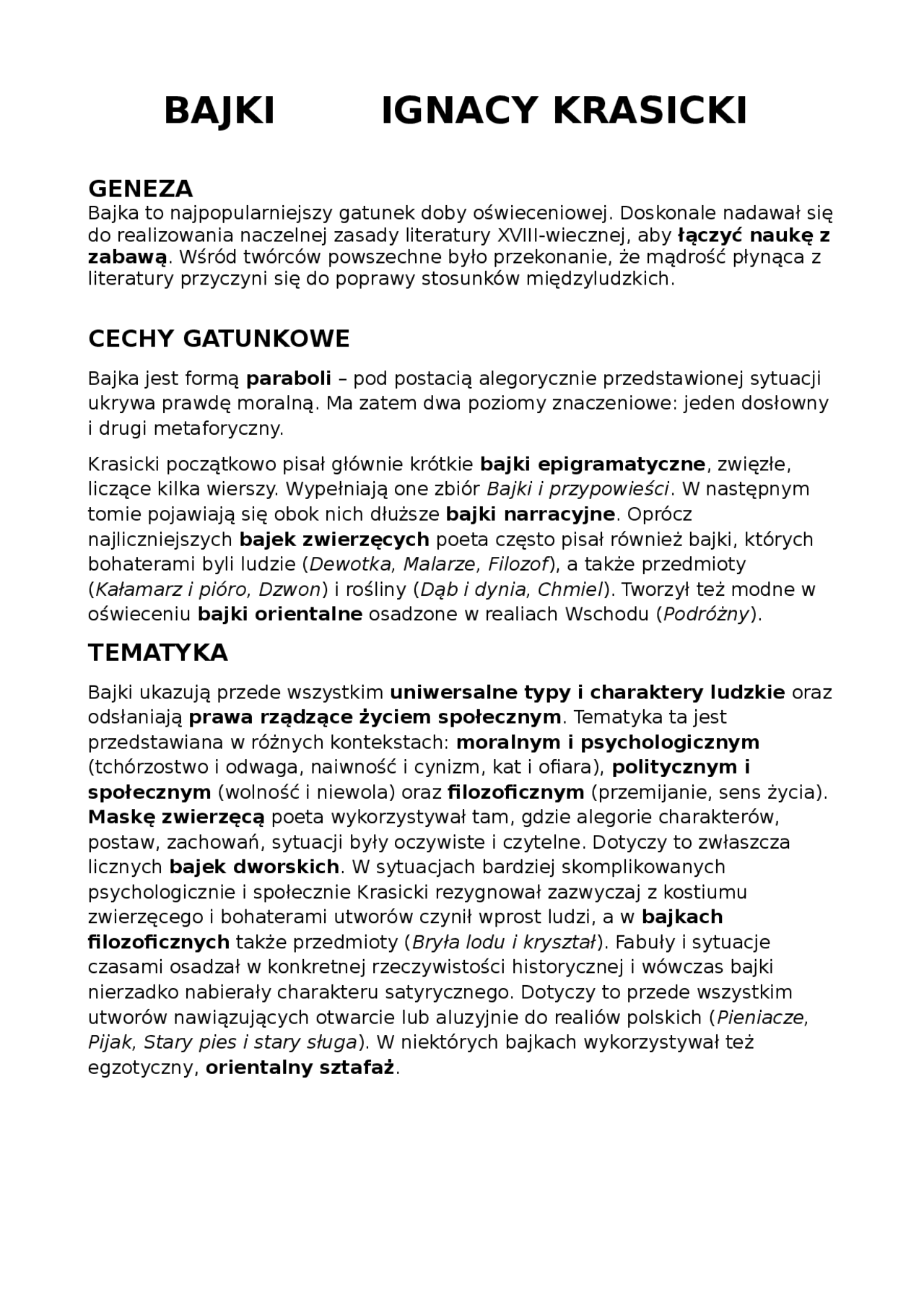 Opis bajek krasickiego | Notatki Język polski | Docsity
