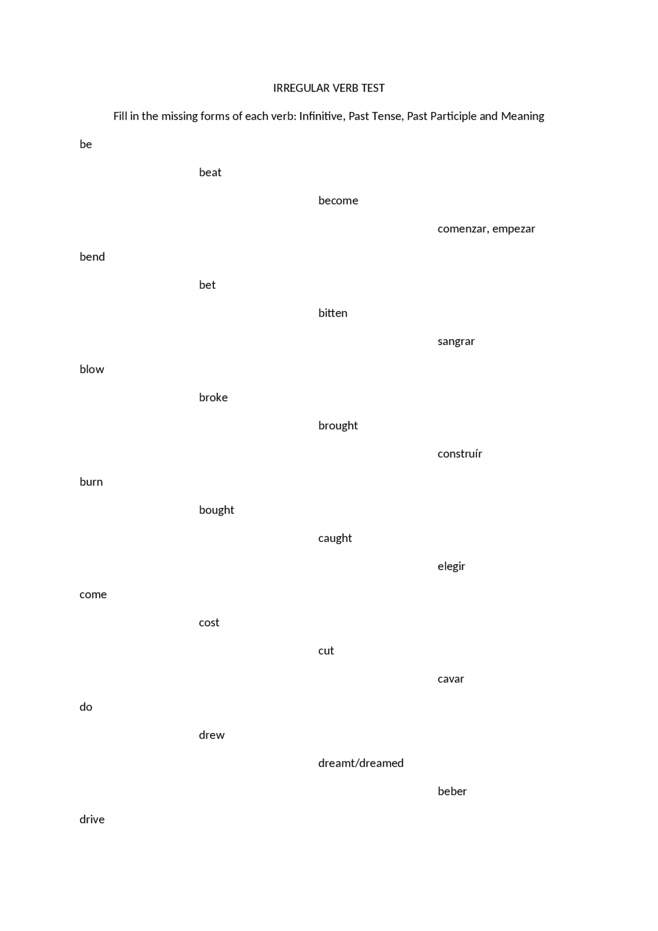 Irregular Verb Test 1 - Docsity