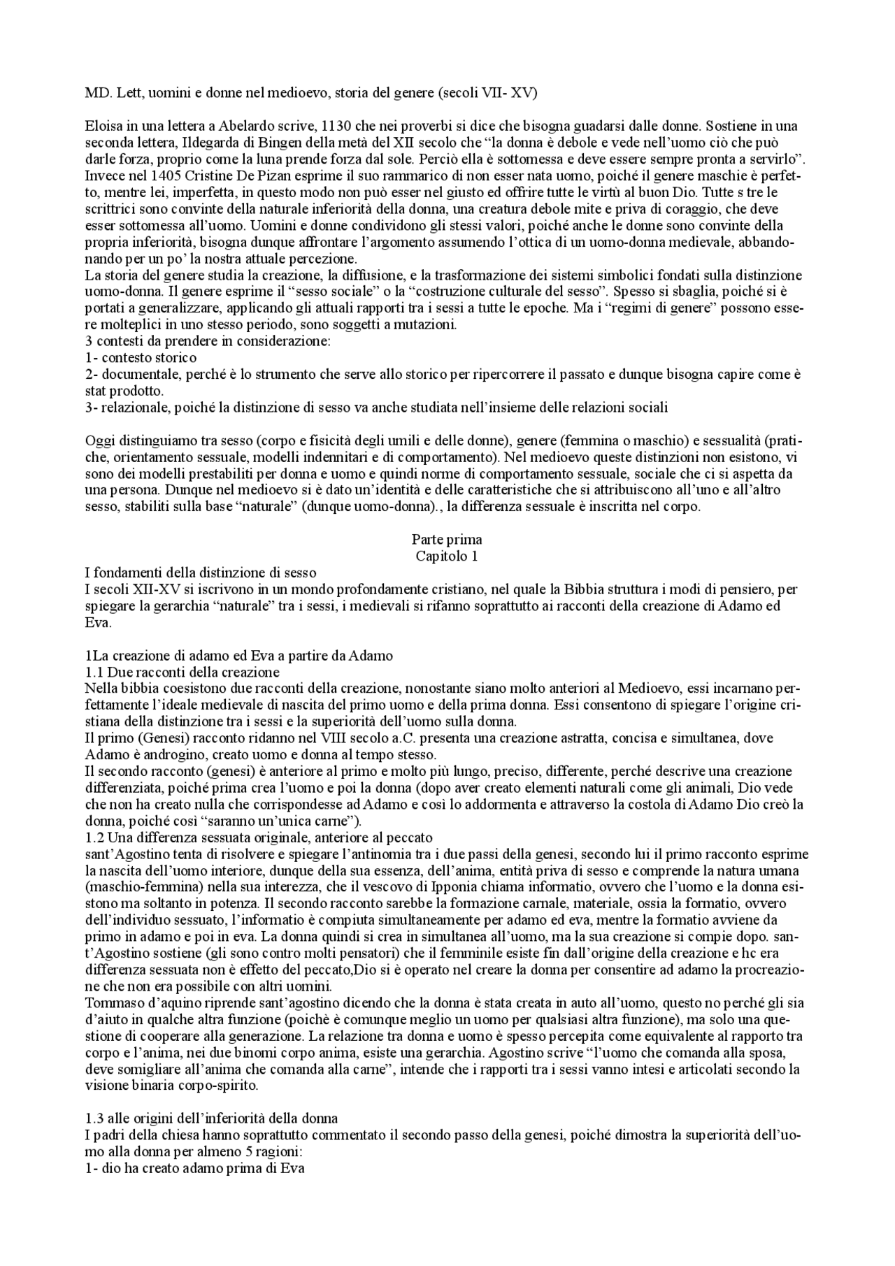 RIASSUNTO : MD. Lett, uomini e donne nel medioevo, storia del genere ...