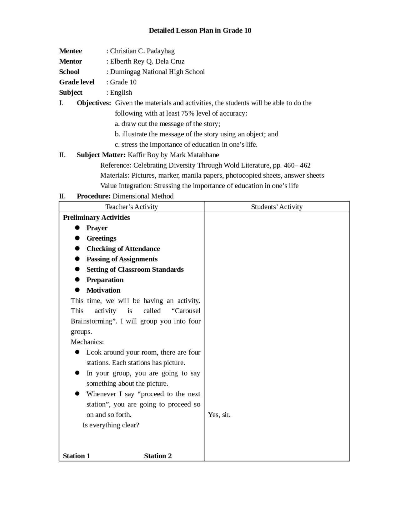 Lesson Guide for students in high school - Docsity