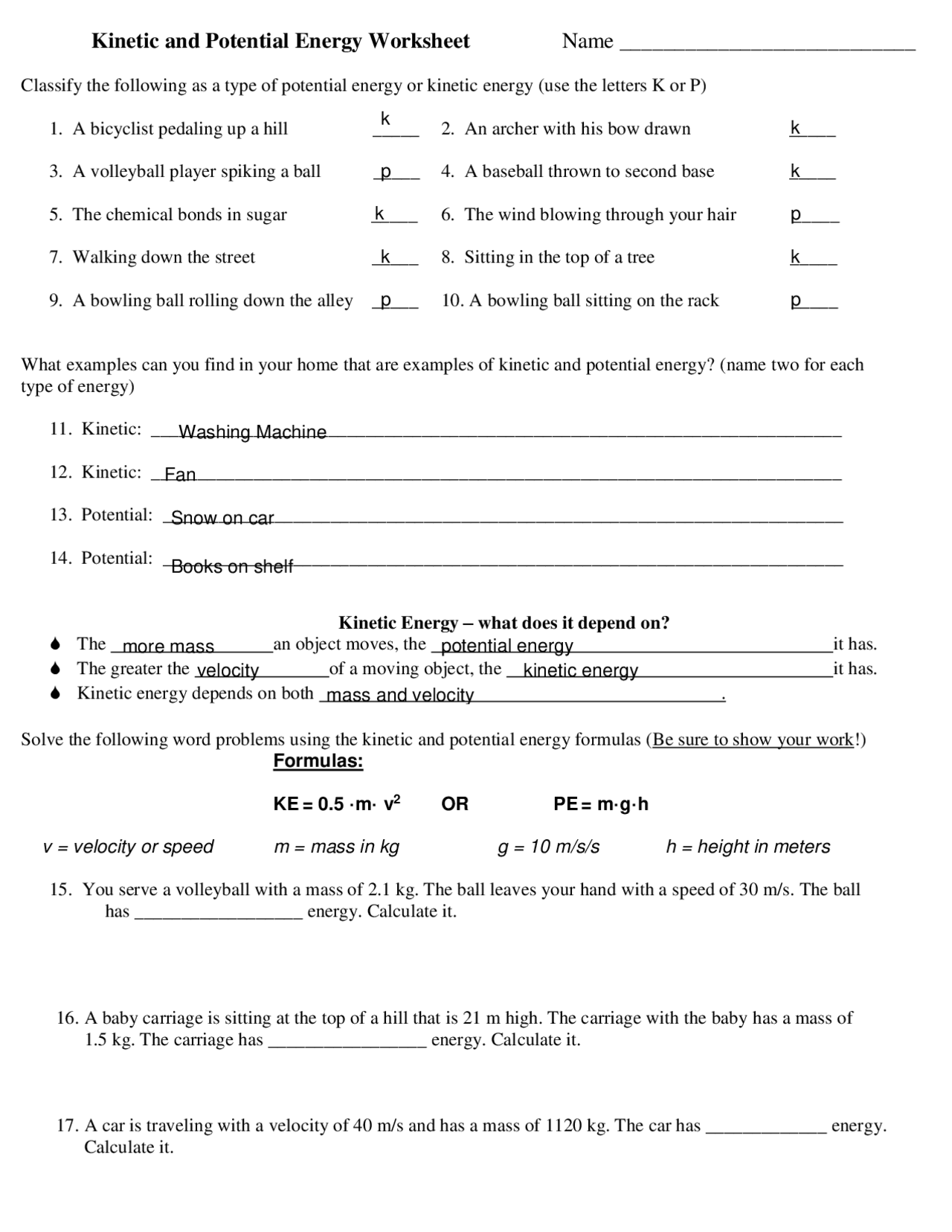 Kinetic and Potential Energy Worksheet.pdf | Assignments Computer science |  Docsity