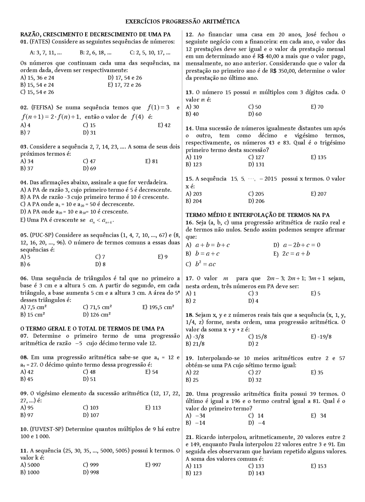 36 Exercícios de Progressão Aritmética - Docsity