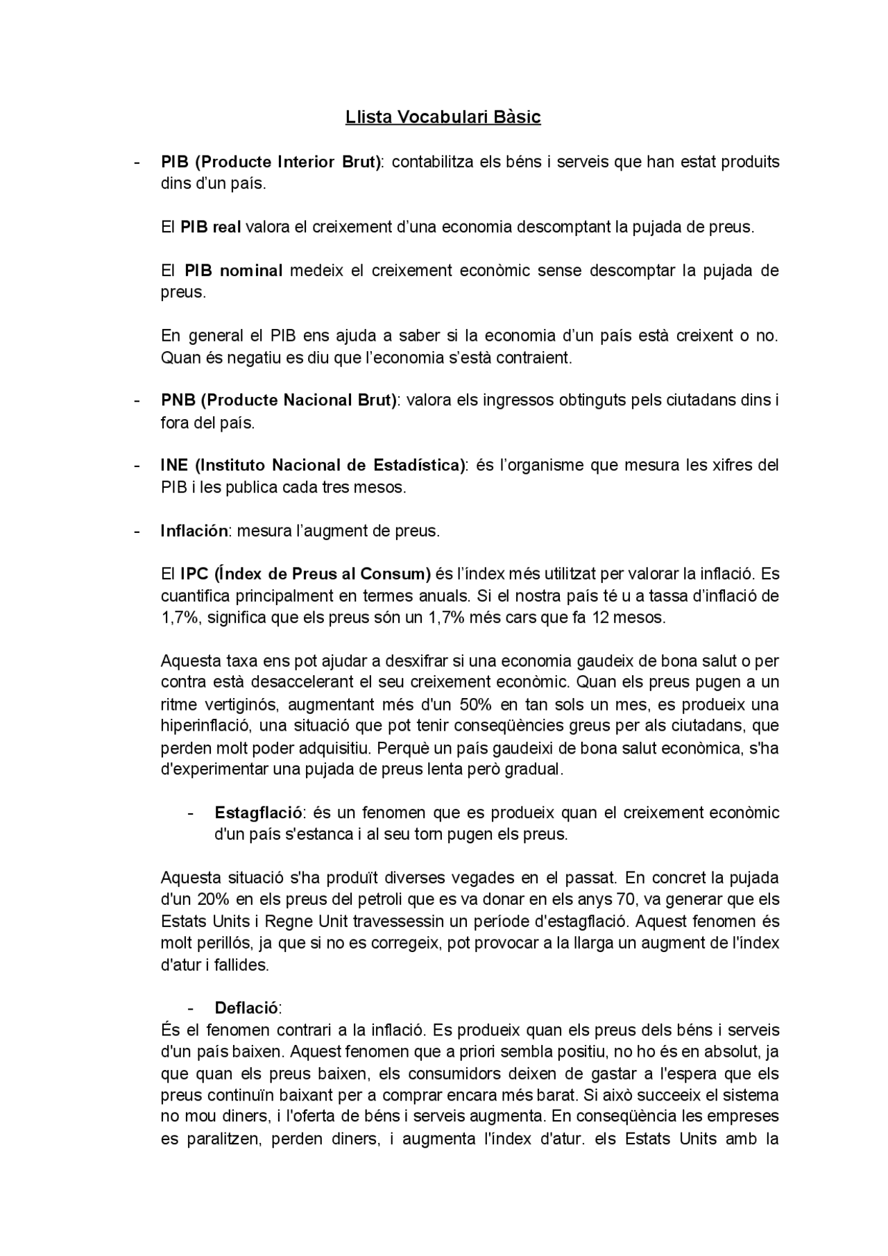 Lista Vocabulario Básico Economía - Docsity