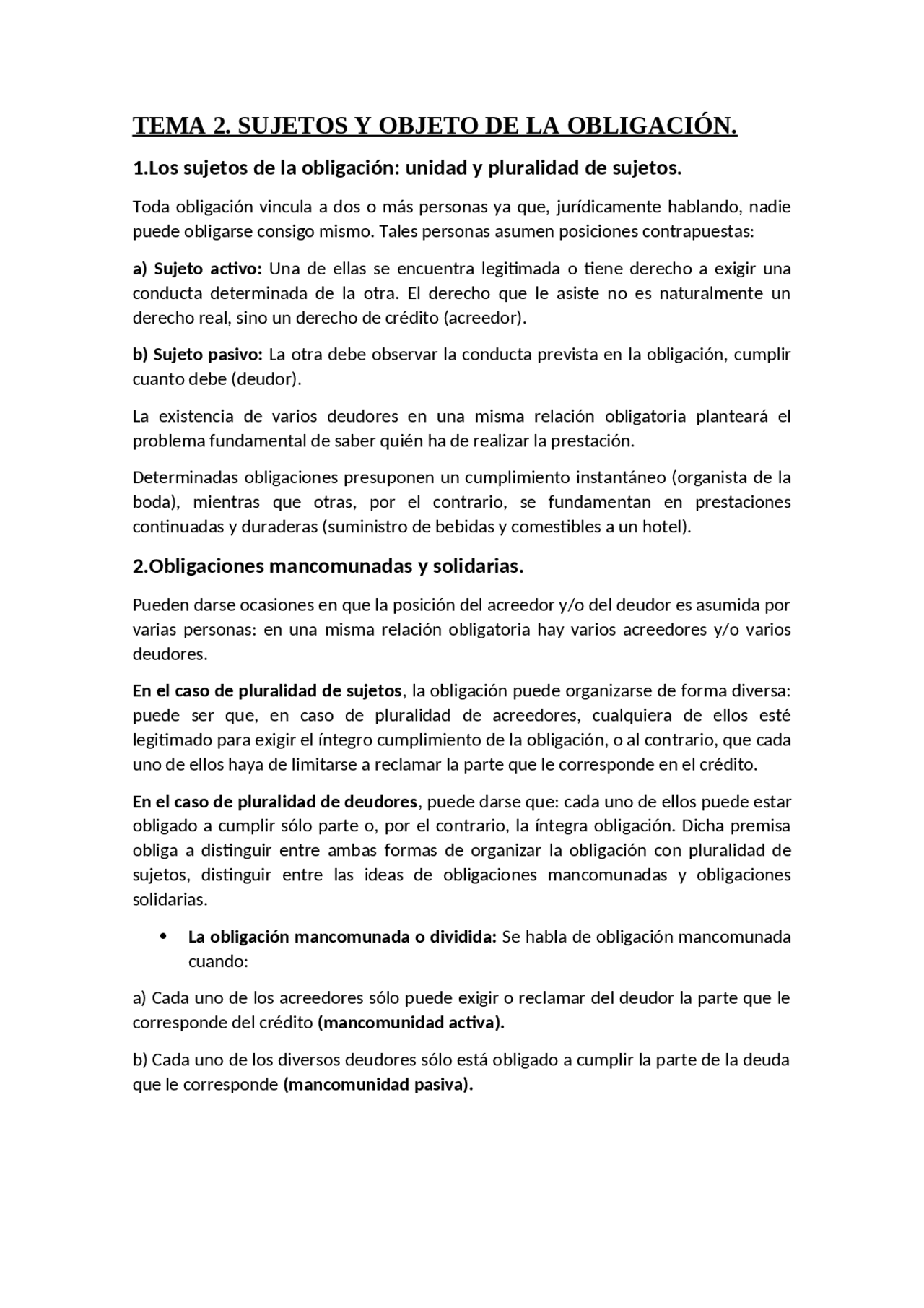 Tema 2- Sujetos y objetos de la obligacion - Docsity