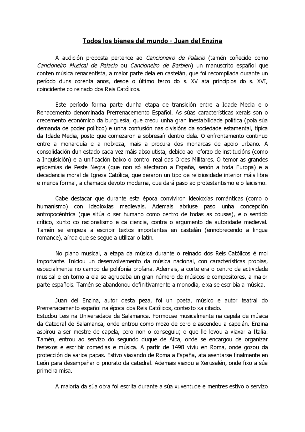 Todos los bienes del mundo Juan del Enzina Docsity