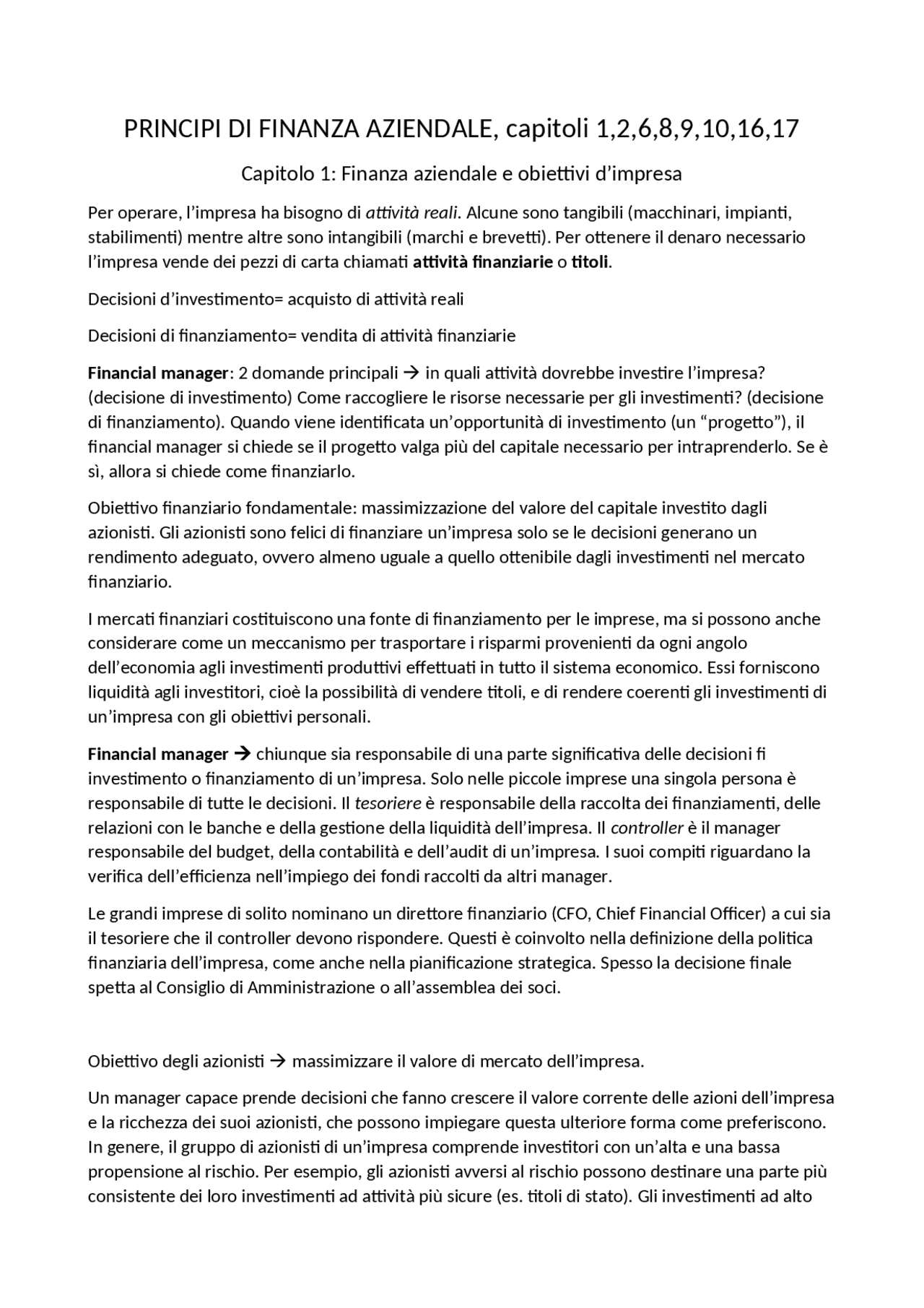 Principi di finanza aziendale | Dispense di Finanza | Docsity
