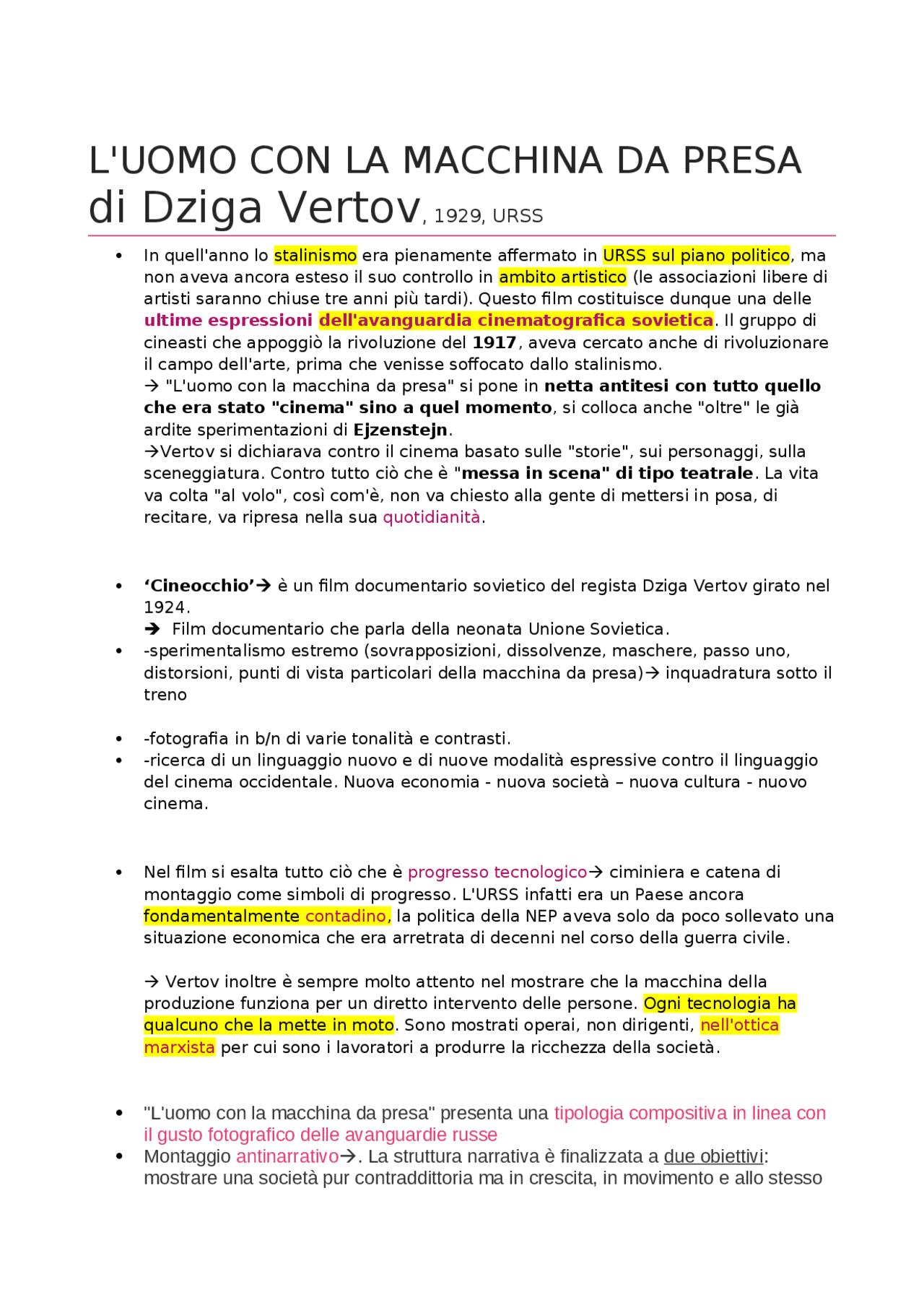 L'uomo con la macchina da presa - Vertov - Docsity