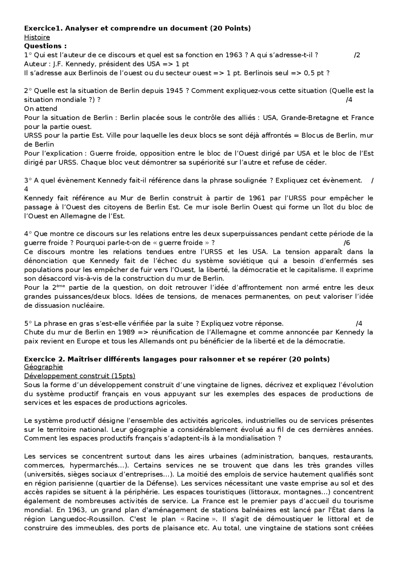 Sujet Brevet Les Espaces Productifs Et Leur évolution Corrigé Correction du dnb blanc 2017 | Examens Mathématiques | Docsity