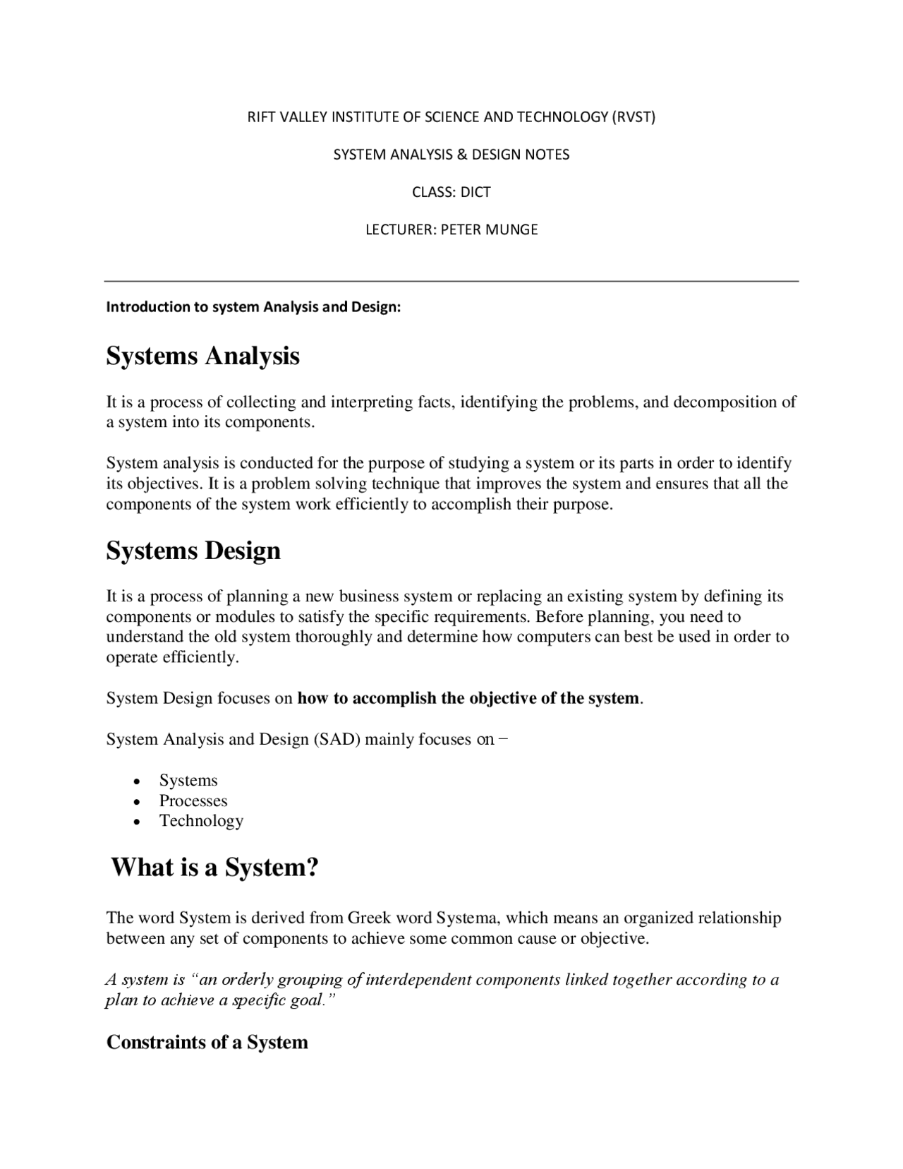 System Analysis Notes Systems Analysis and Design(SAD) | Lecture notes Information Systems ...