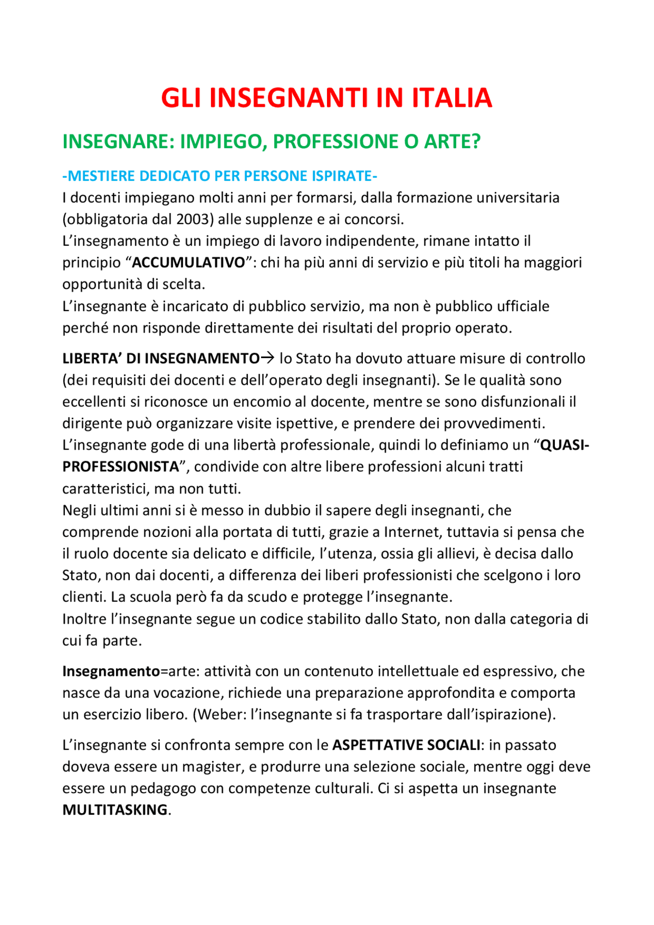 GLI INSEGNANTI IN ITALIA MADDALENA COLOMBO Sintesi Del Corso Di 