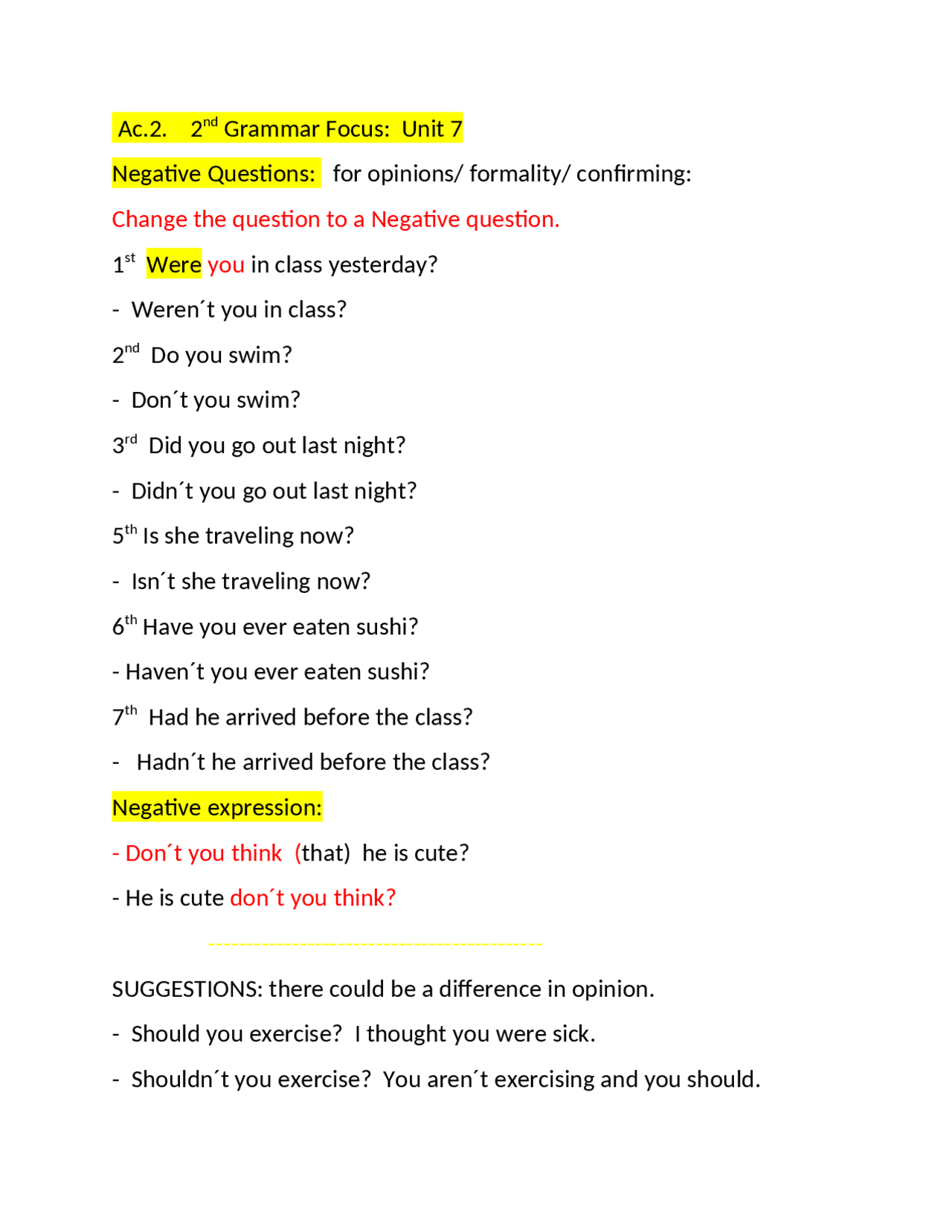 Negative Questions examples with answers - Docsity