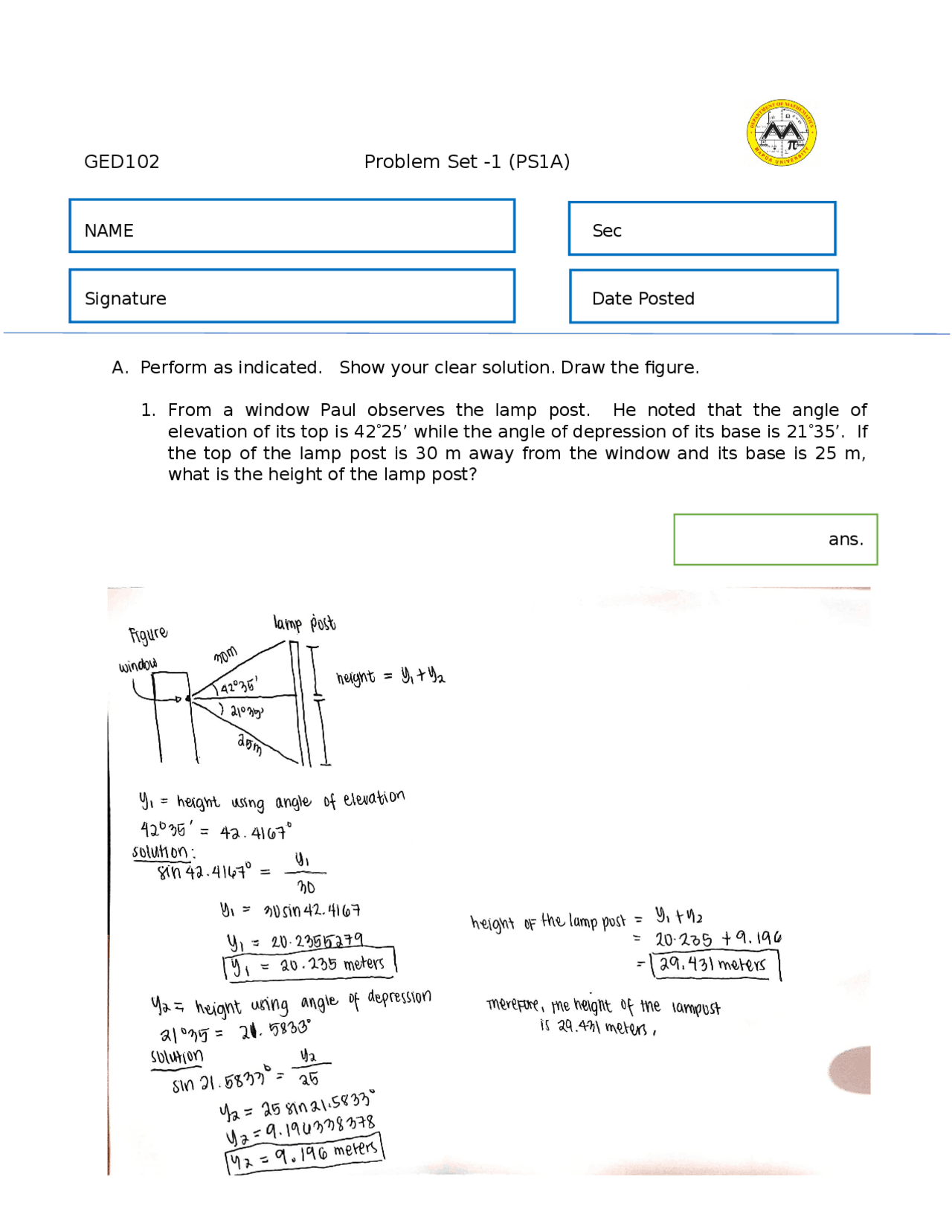 Mmw Problem Set Problem Set 1A in GED102 MMW | Exercises Mathematics | Docsity