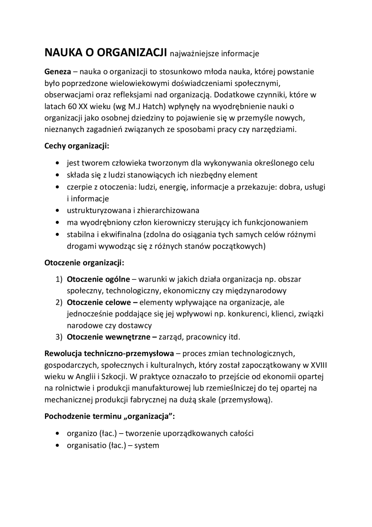 Nauka o organizacji, przydatne informacje - Docsity