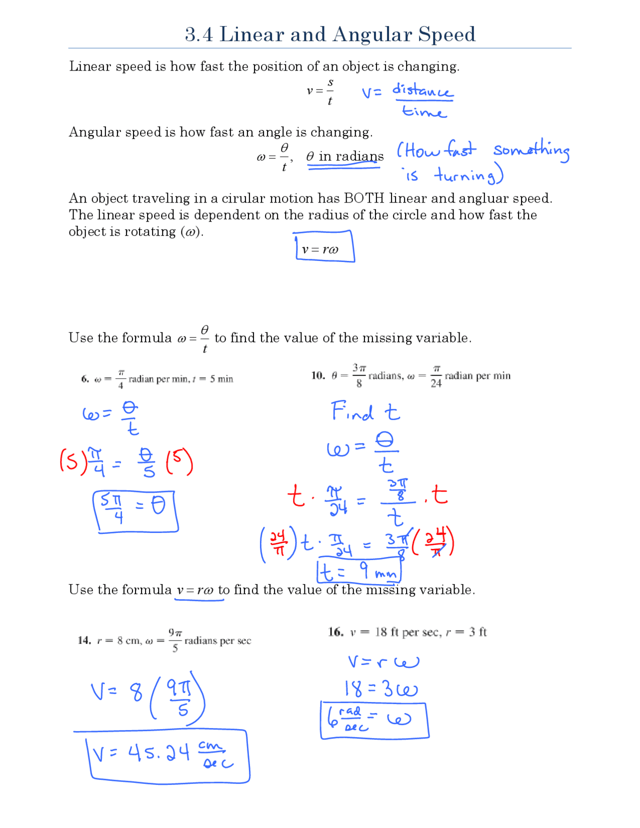 Formulas for Linear and Angular Speed | Exercises Mathematics | Docsity
