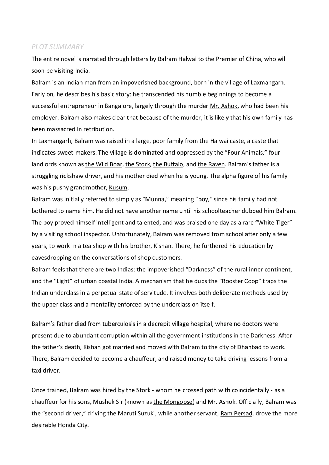 "The white tiger" summary + themes Docsity