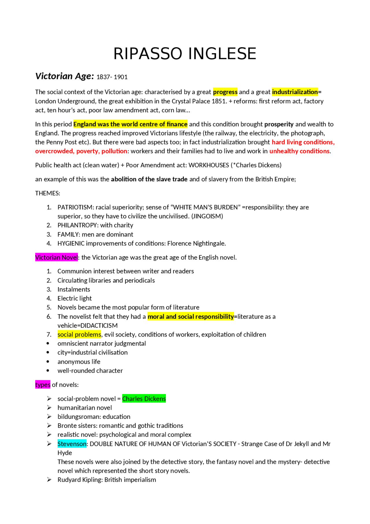 Ripasso inglese quinto anno liceo classico Appunti di Inglese Docsity